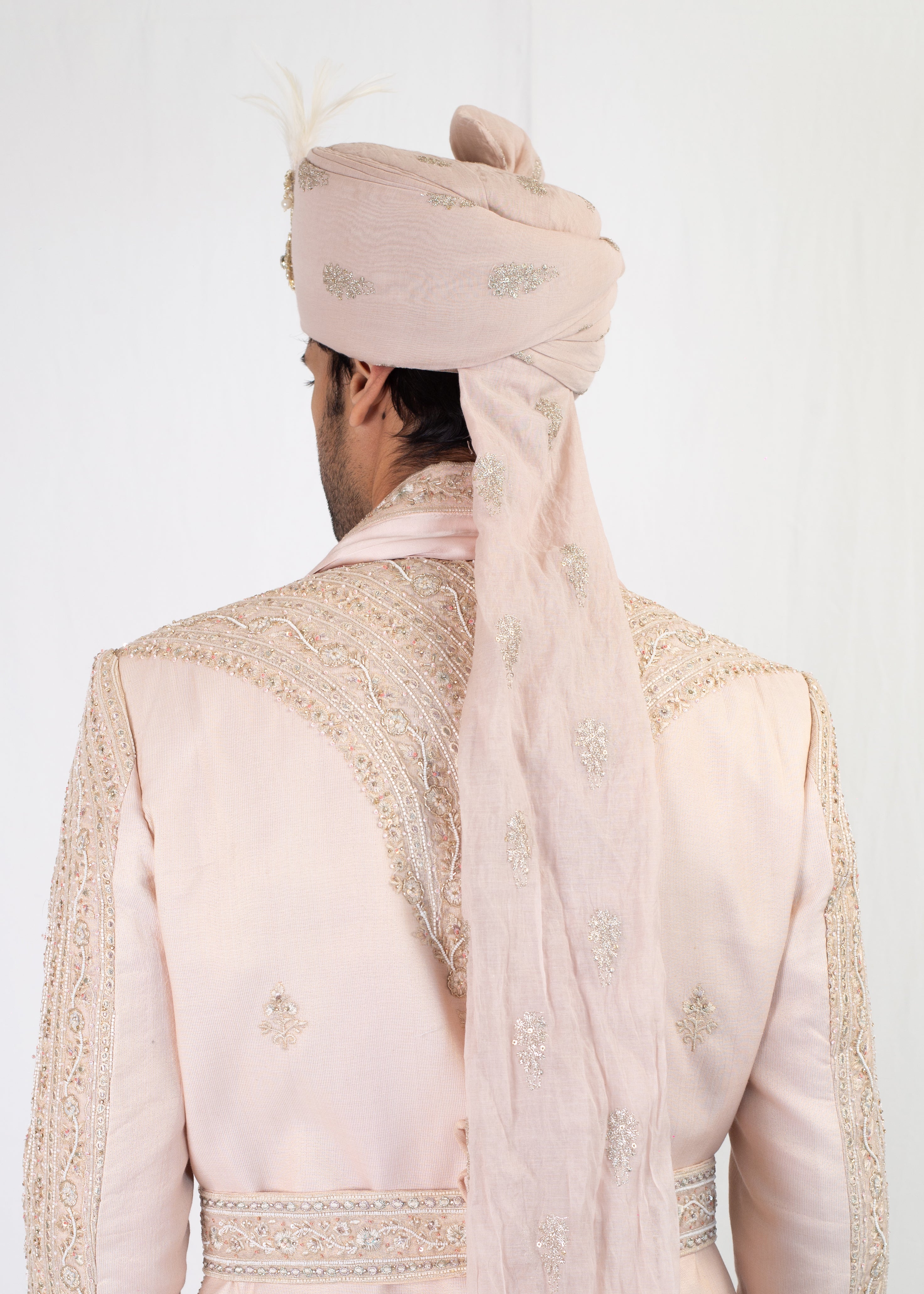 BABY PINK ELEGANT EMBROIDERY SHERWANI AND BALA WITH BELT AND TROUSER