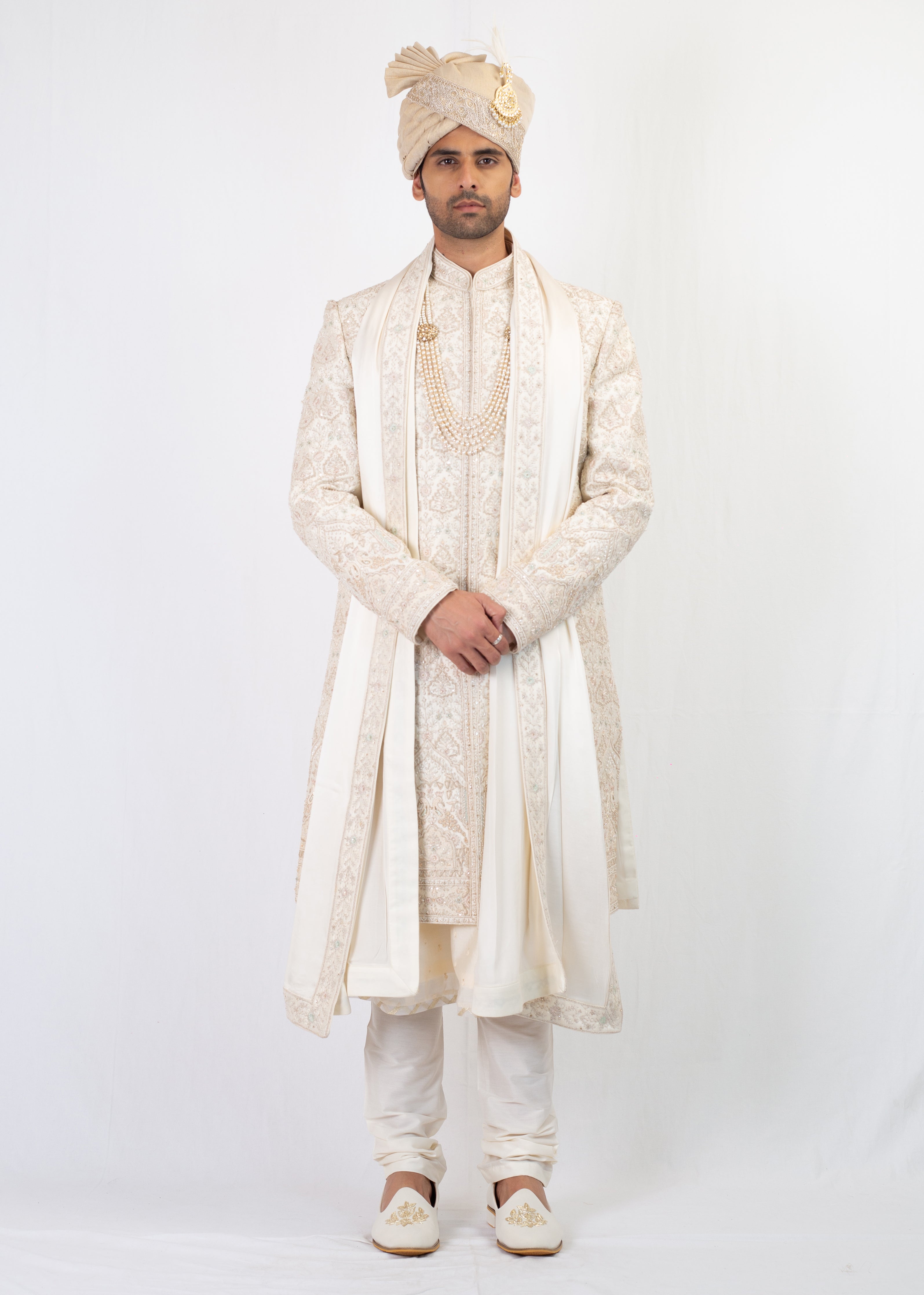 ELEGANT CREAM EMBROIDERY SHERWANI SET