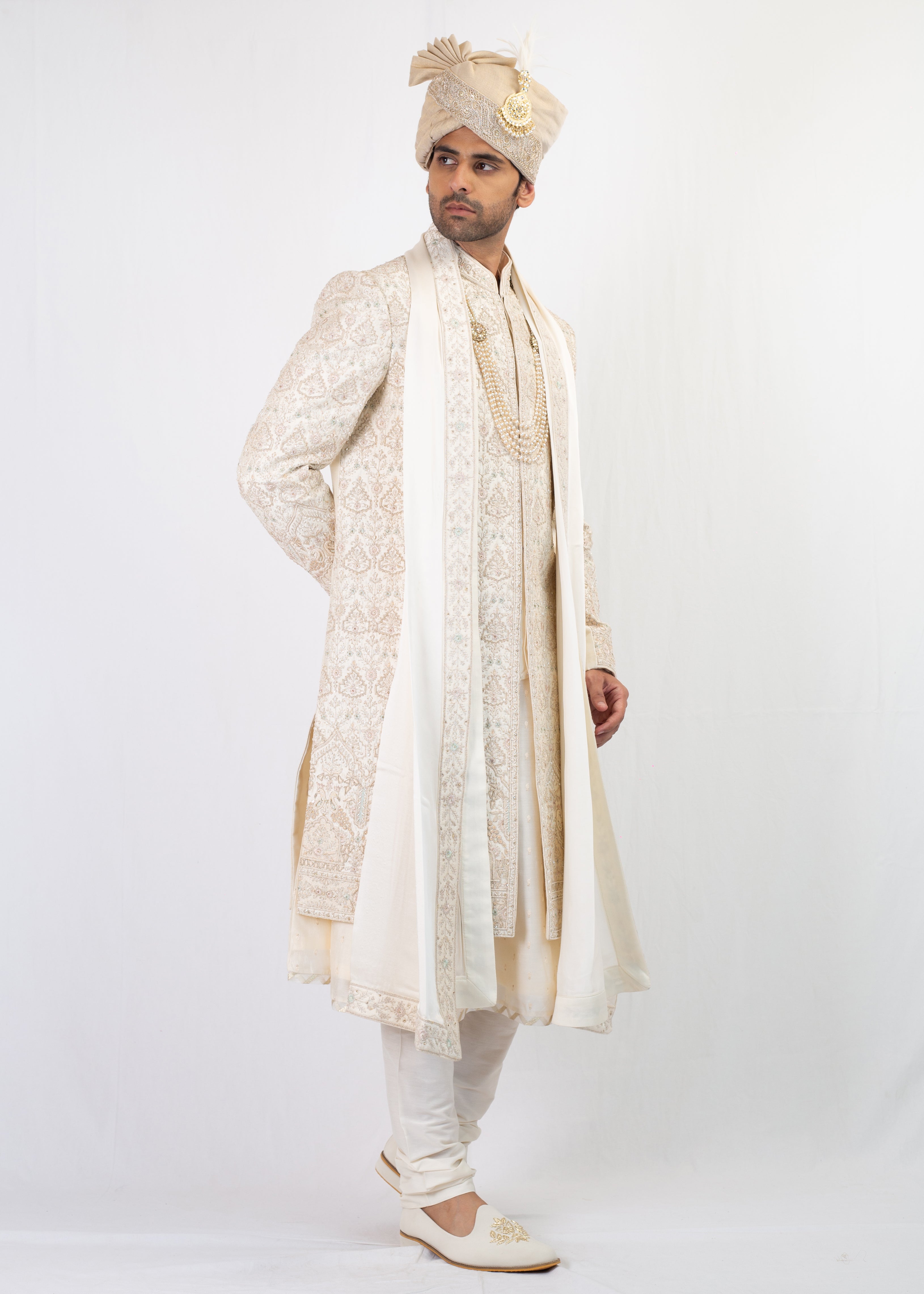 ELEGANT CREAM EMBROIDERY SHERWANI SET