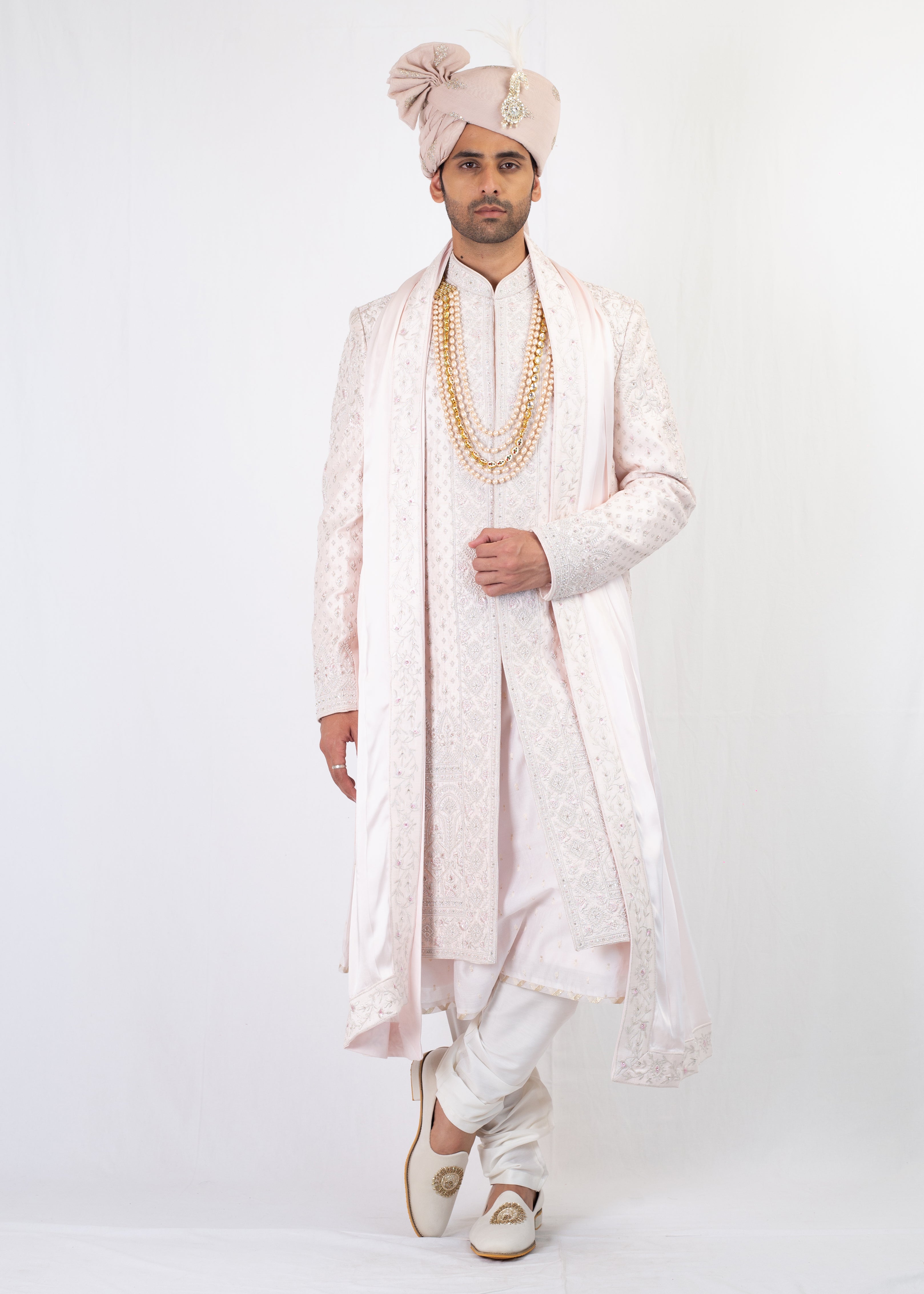 BABY PINK EMBROIDERY SHERWANI AND KURTA WITH TROUSER AND PALLA