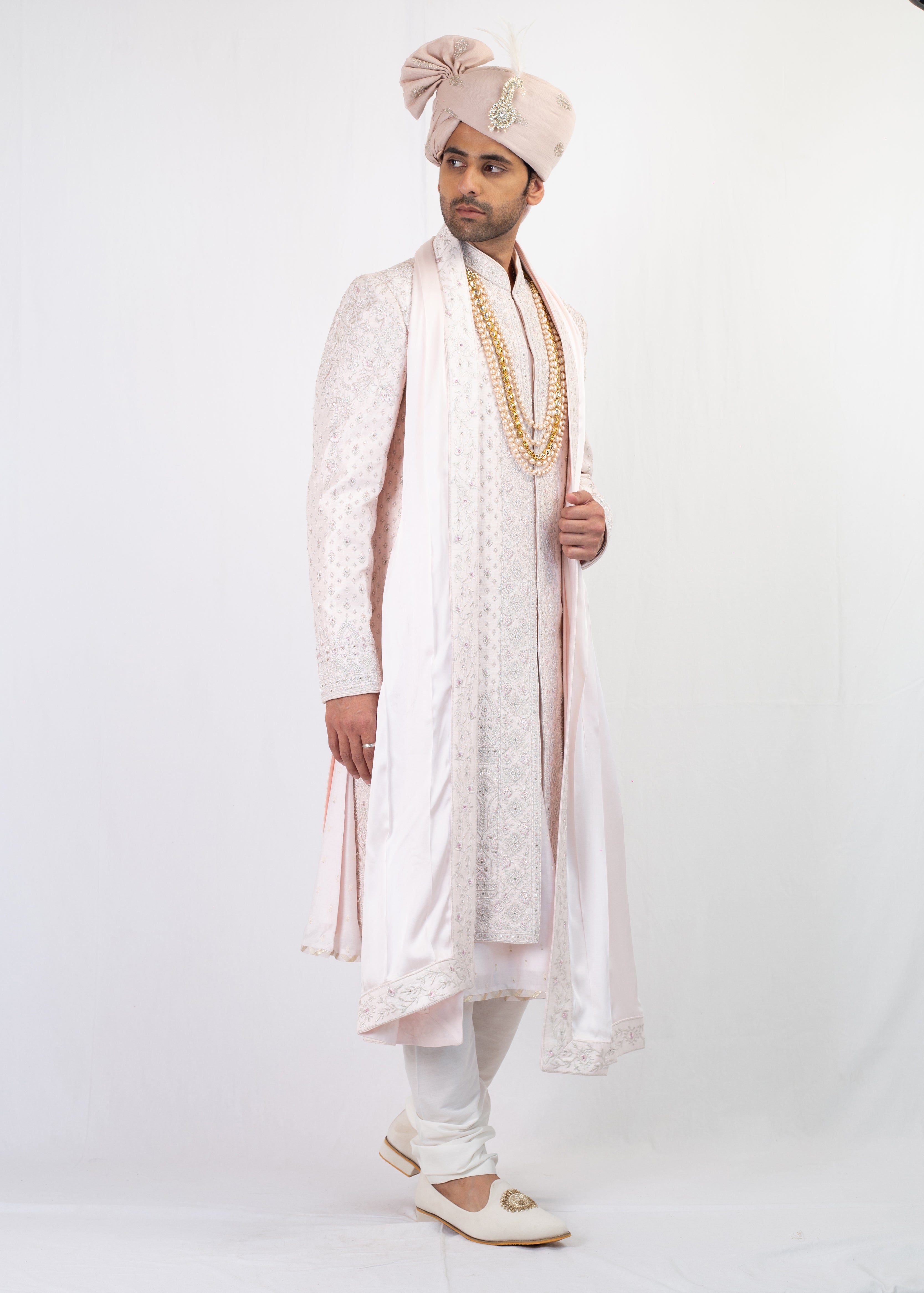 BABY PINK EMBROIDERY SHERWANI AND KURTA WITH TROUSER AND PALLA