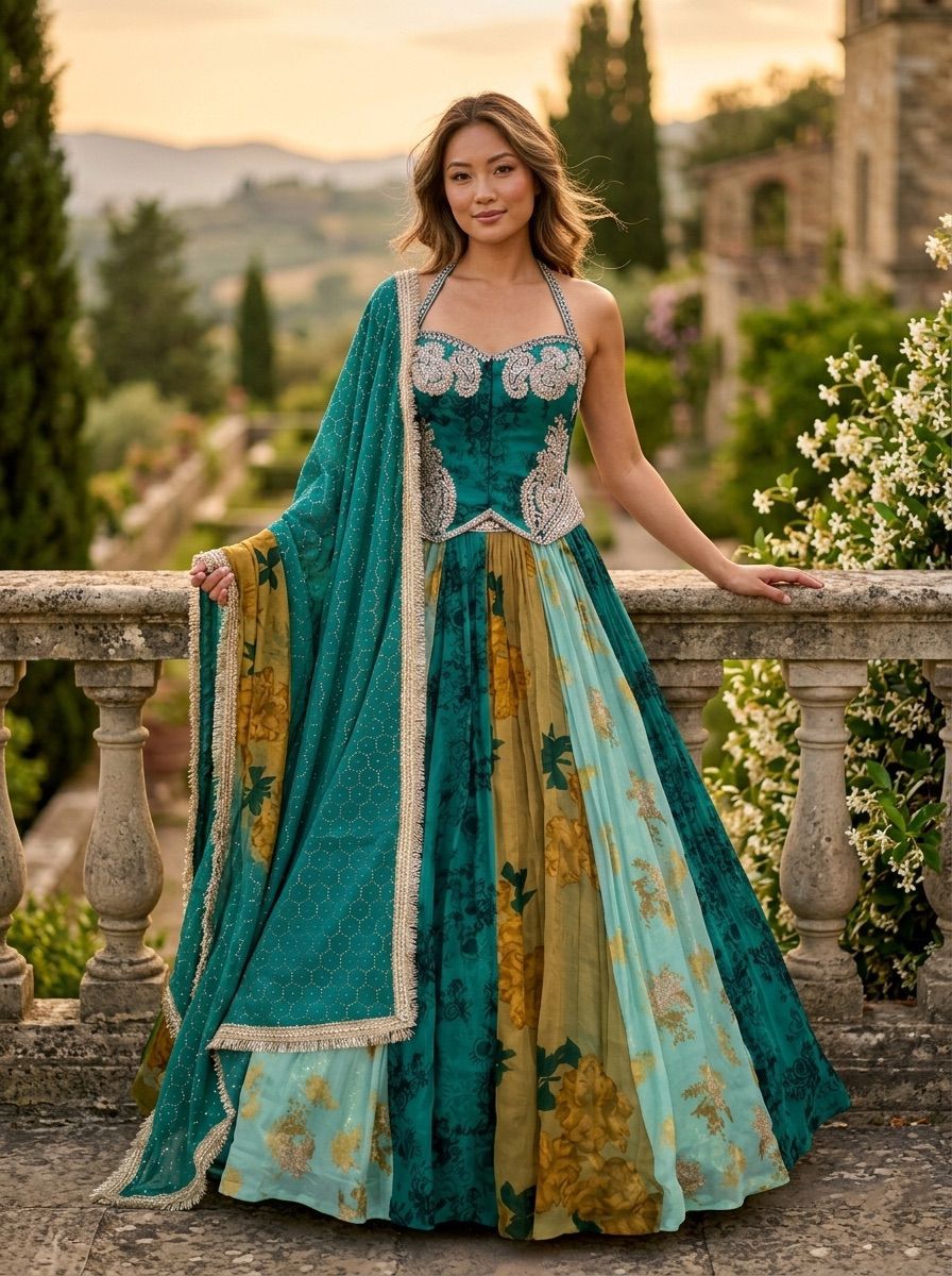 Teal blue embellished corset with printed gorgette skirt