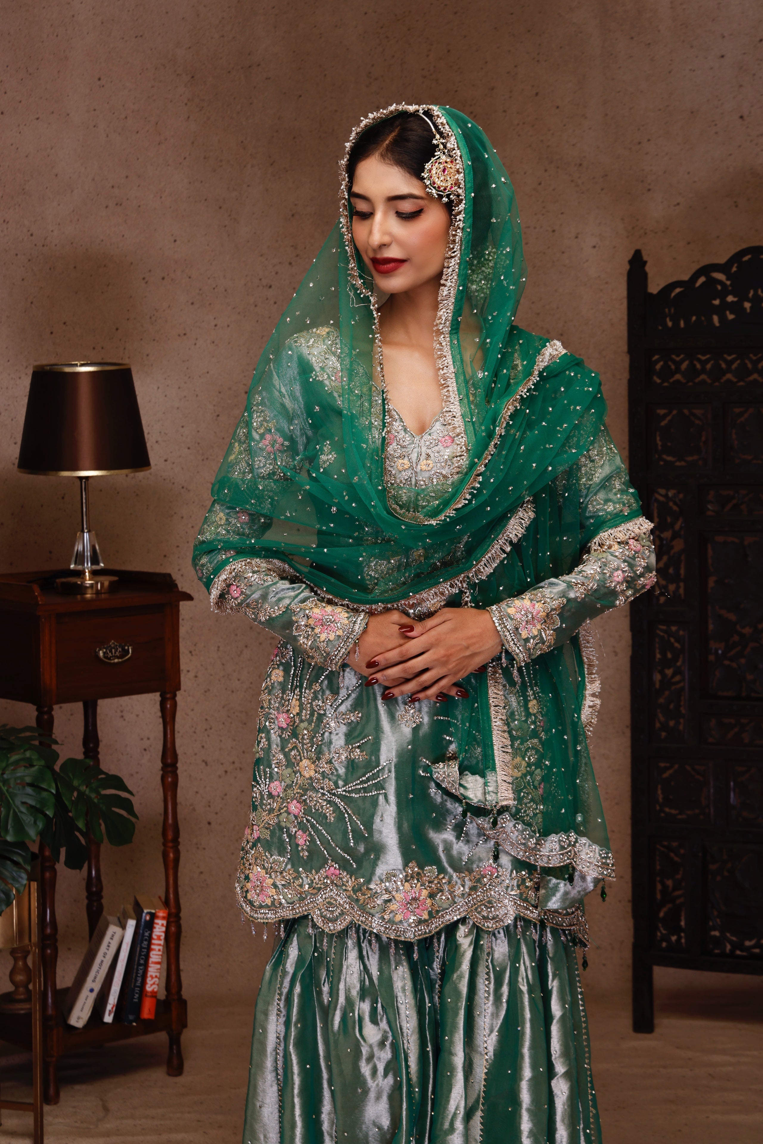 GREEN EMBROIDERY SHIRT AND SHARARA WIT DUPATTA