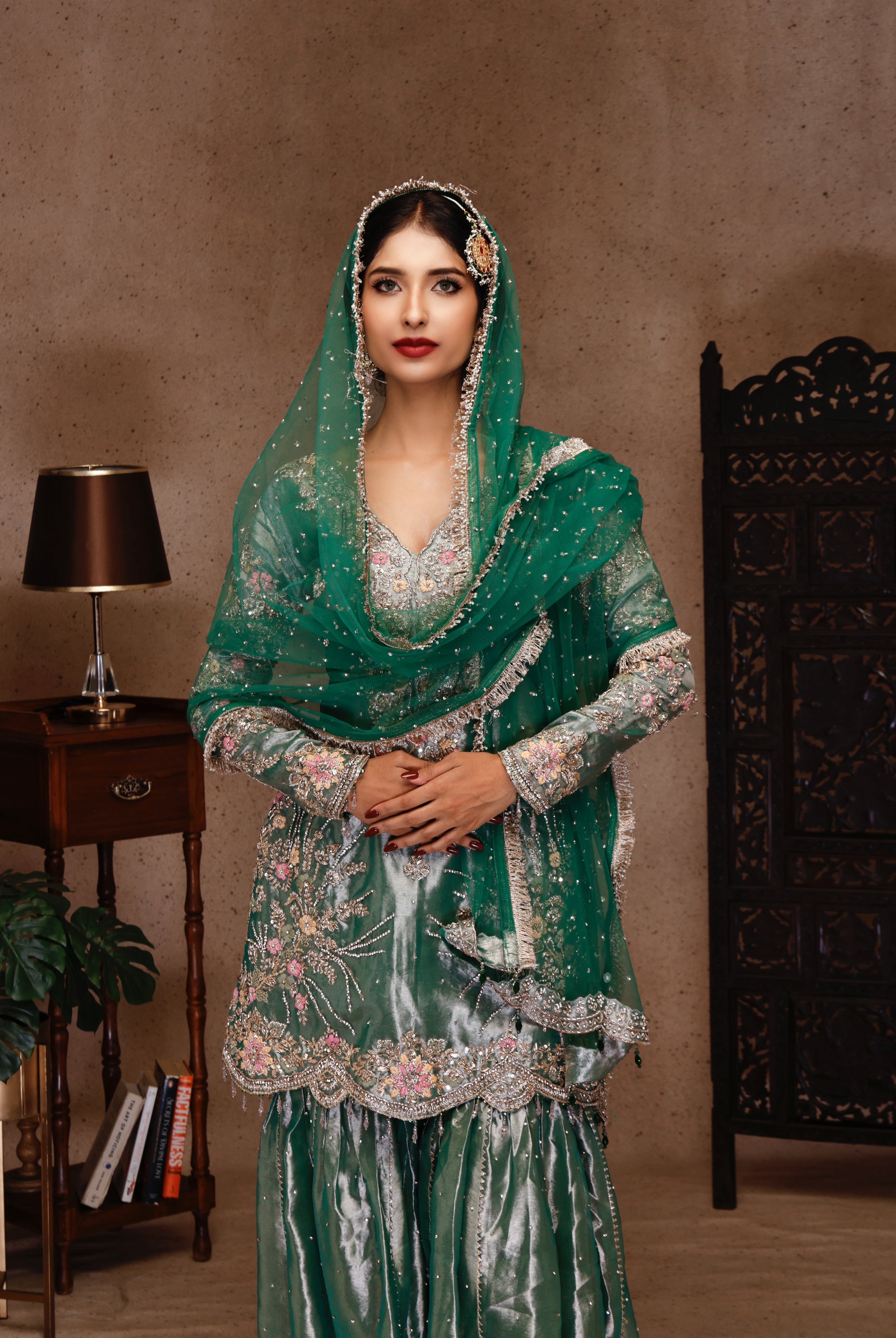 GREEN EMBROIDERY SHIRT AND SHARARA WIT DUPATTA