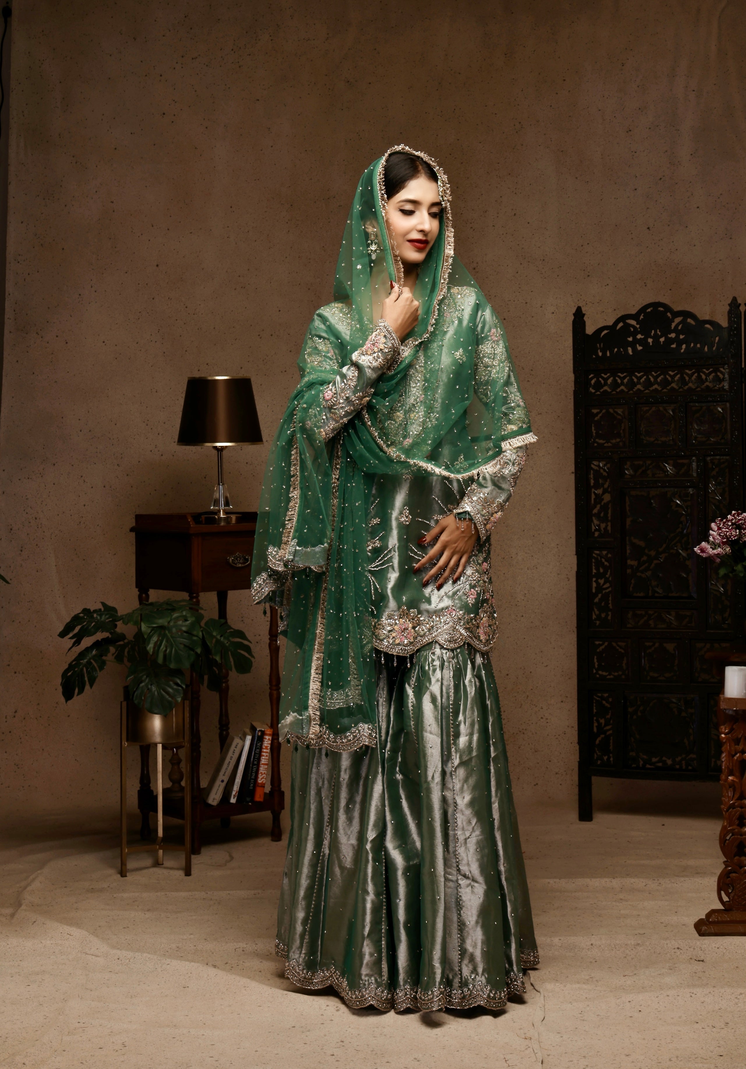 GREEN EMBROIDERY SHIRT AND SHARARA WIT DUPATTA
