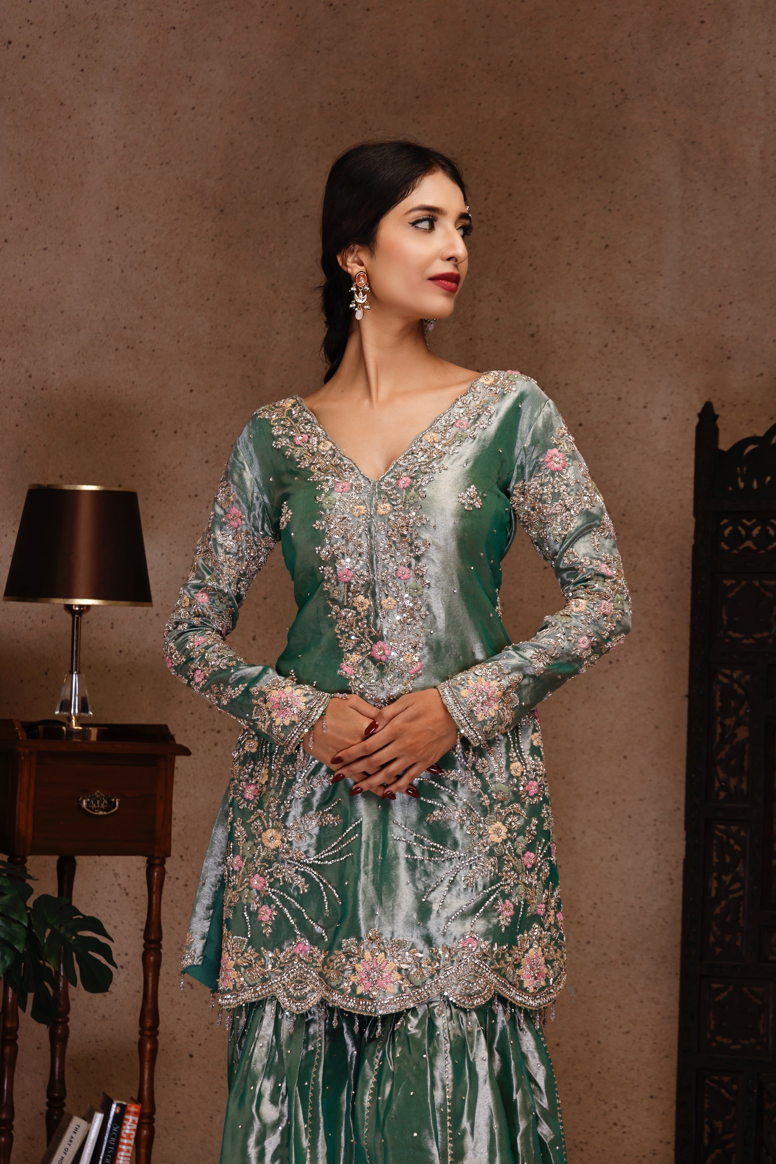GREEN EMBROIDERY SHIRT AND SHARARA WIT DUPATTA