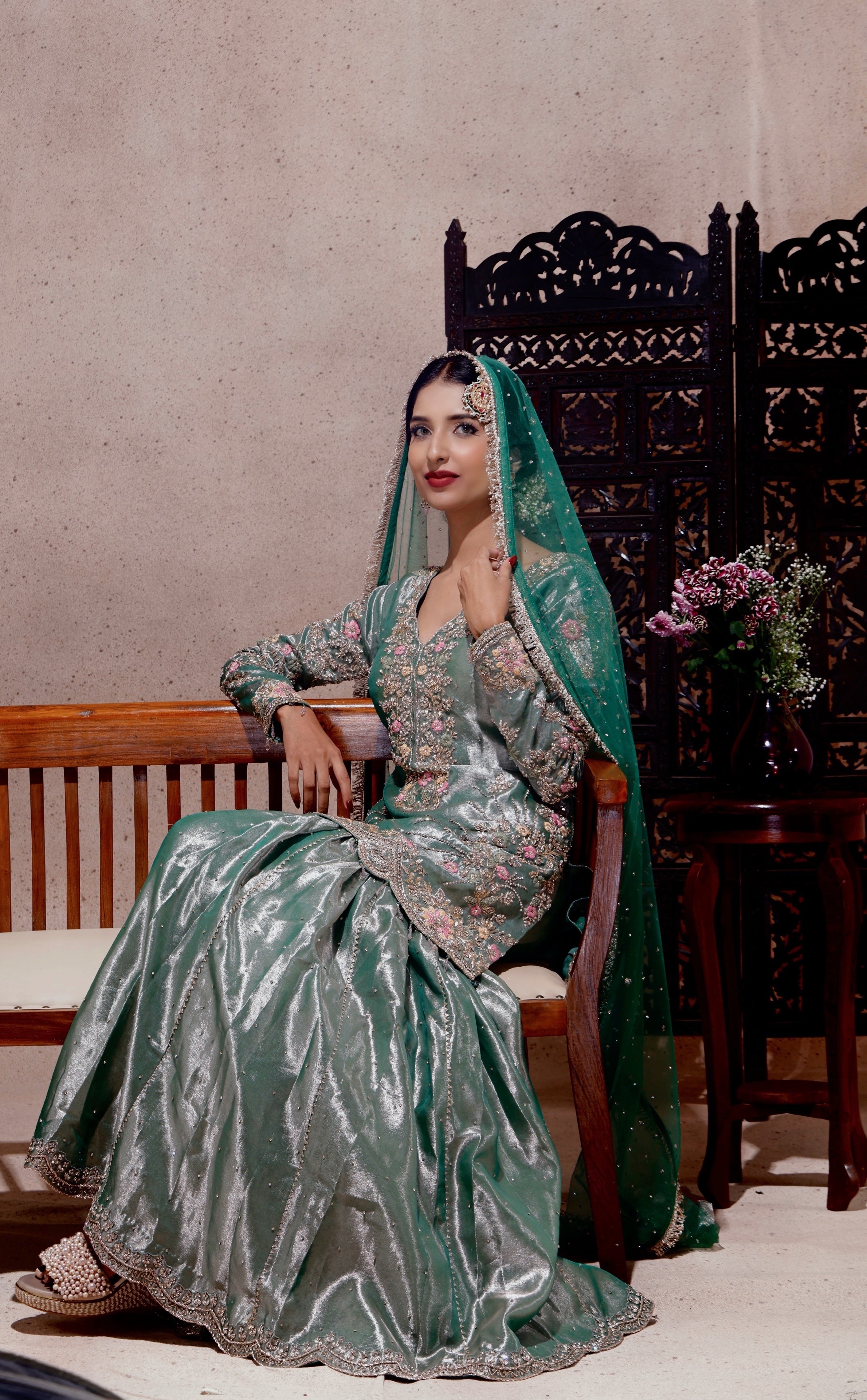 GREEN EMBROIDERY SHIRT AND SHARARA WIT DUPATTA