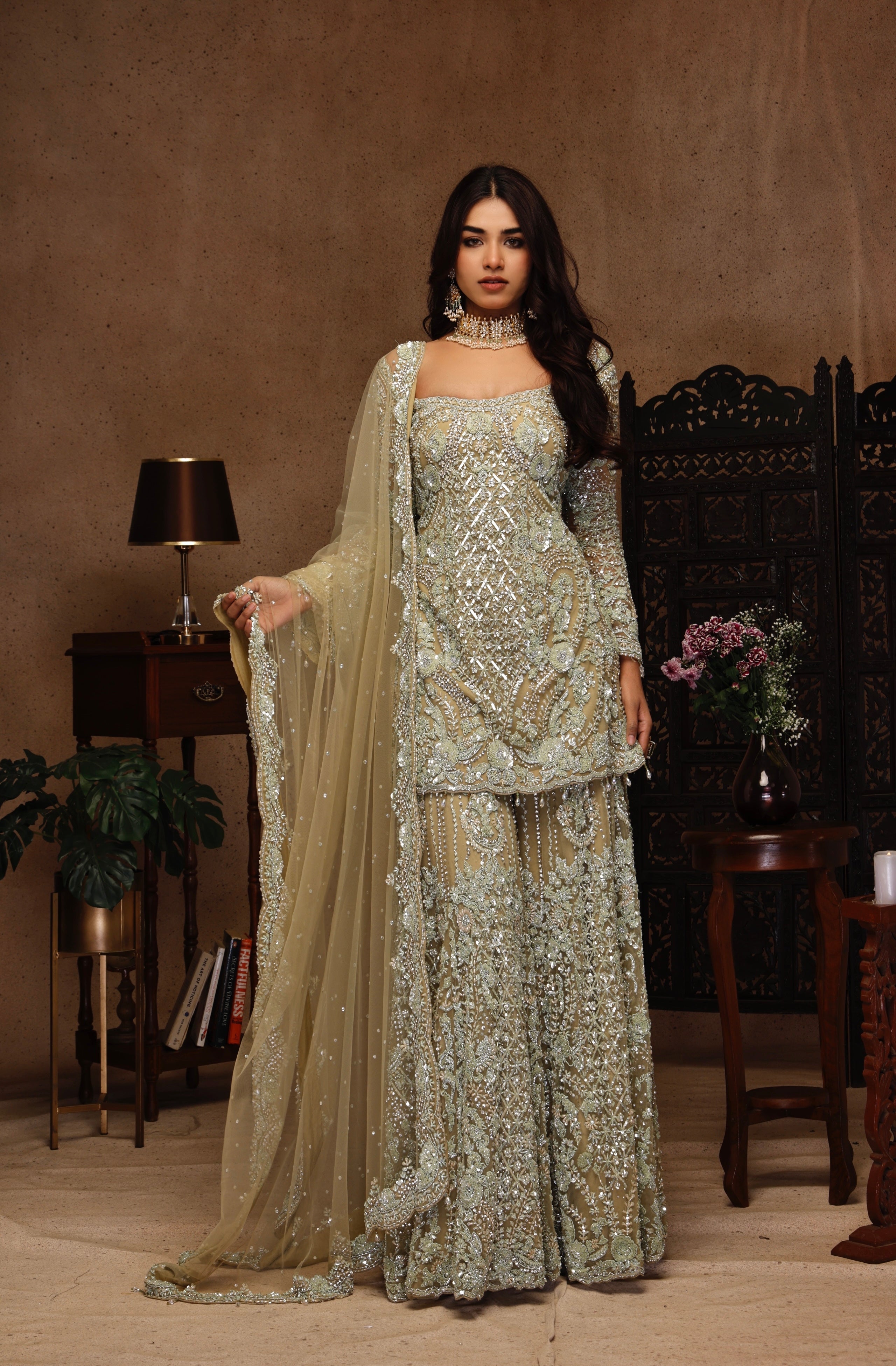 MINT GREEN EMBROIDERY SHIRT AND SHARARA WIT DUPATTA