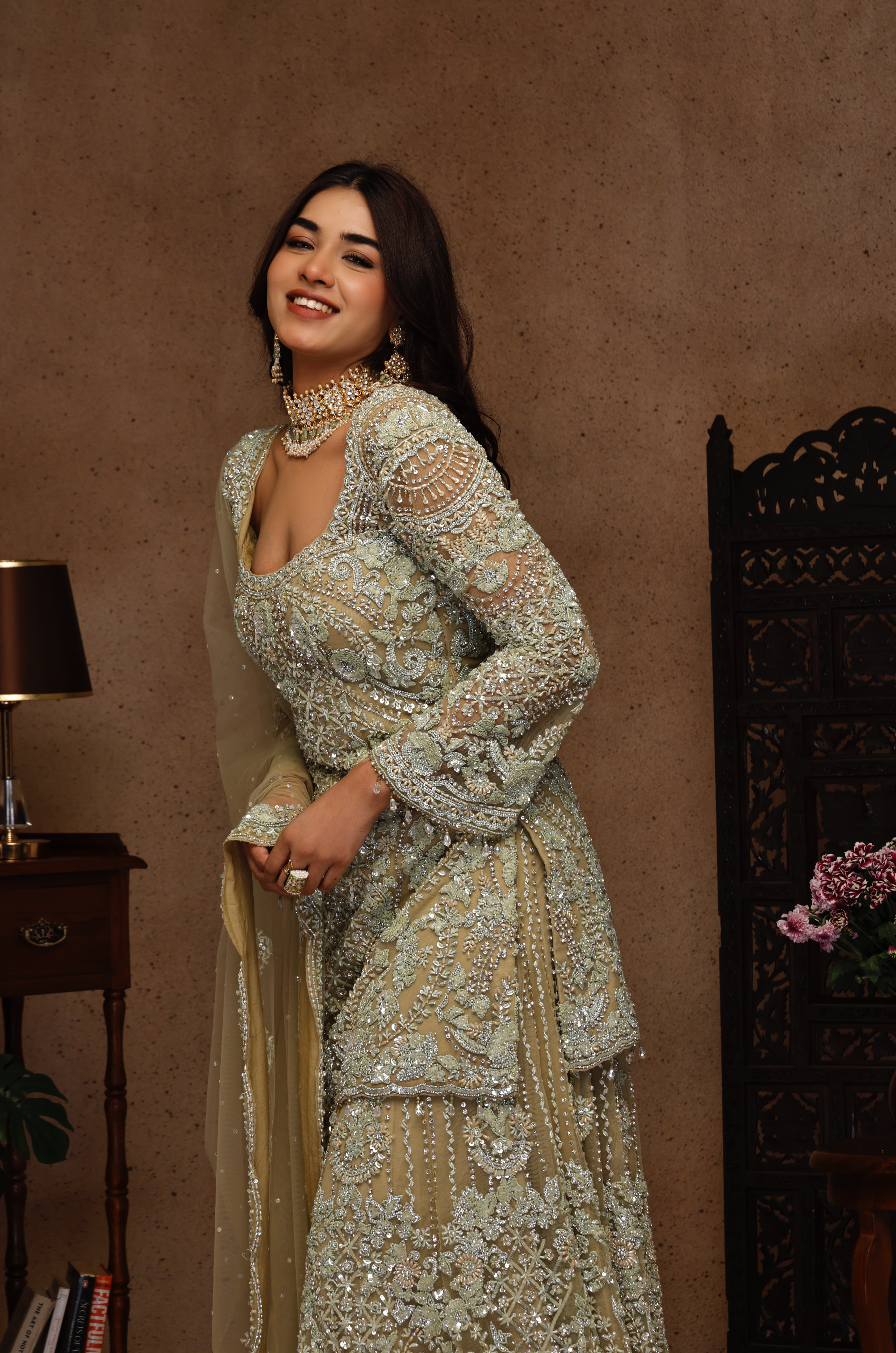 MINT GREEN EMBROIDERY SHIRT AND SHARARA WIT DUPATTA