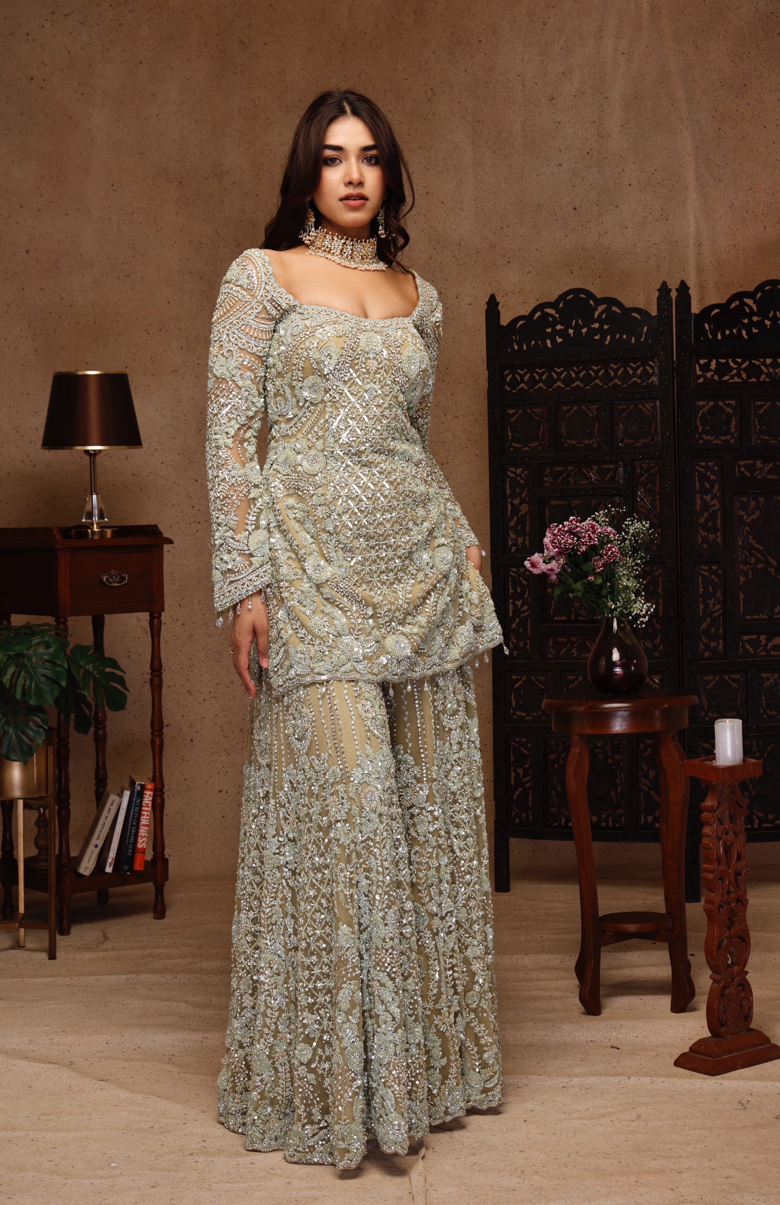MINT GREEN EMBROIDERY SHIRT AND SHARARA WIT DUPATTA
