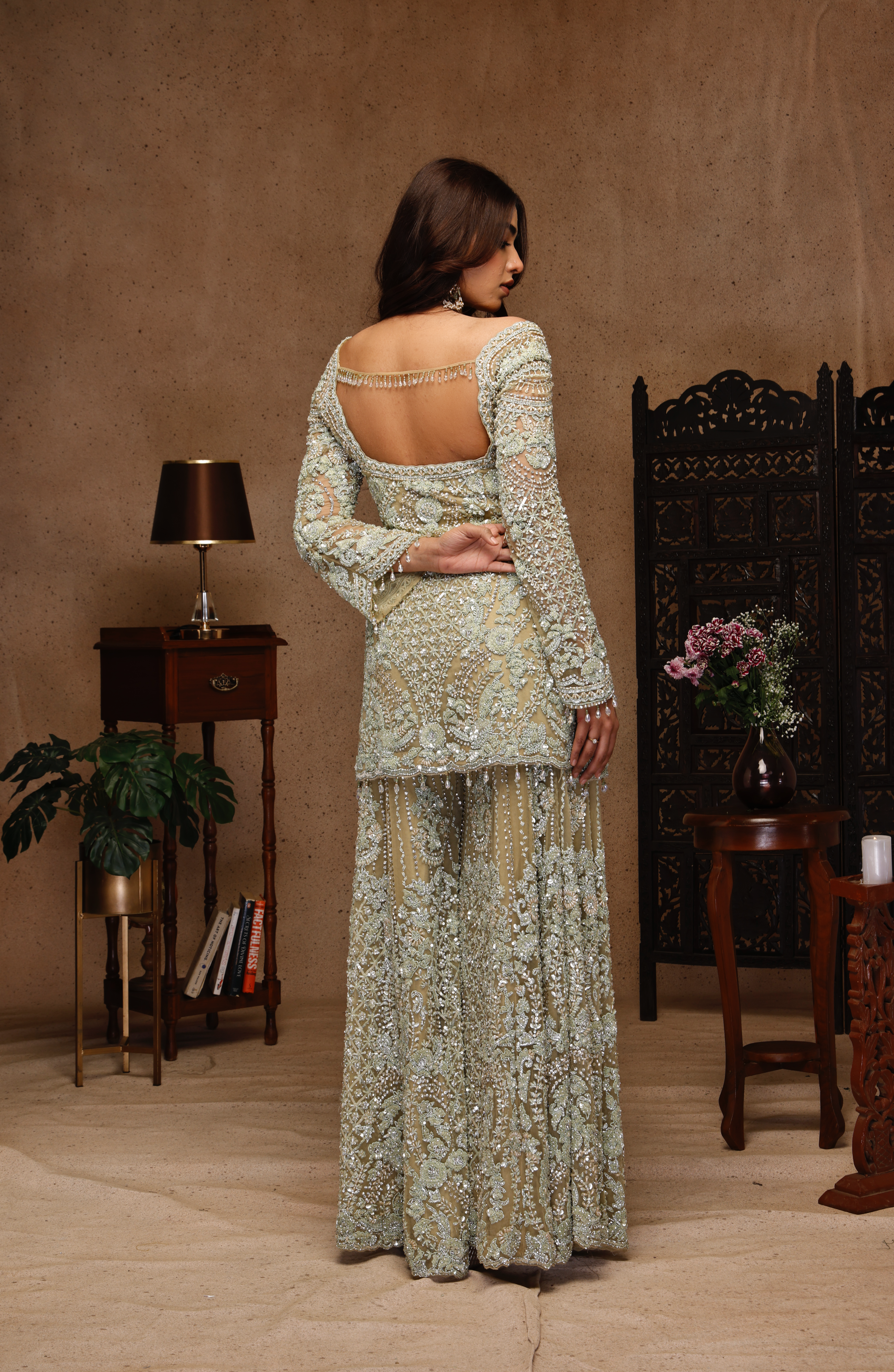 MINT GREEN EMBROIDERY SHIRT AND SHARARA WIT DUPATTA
