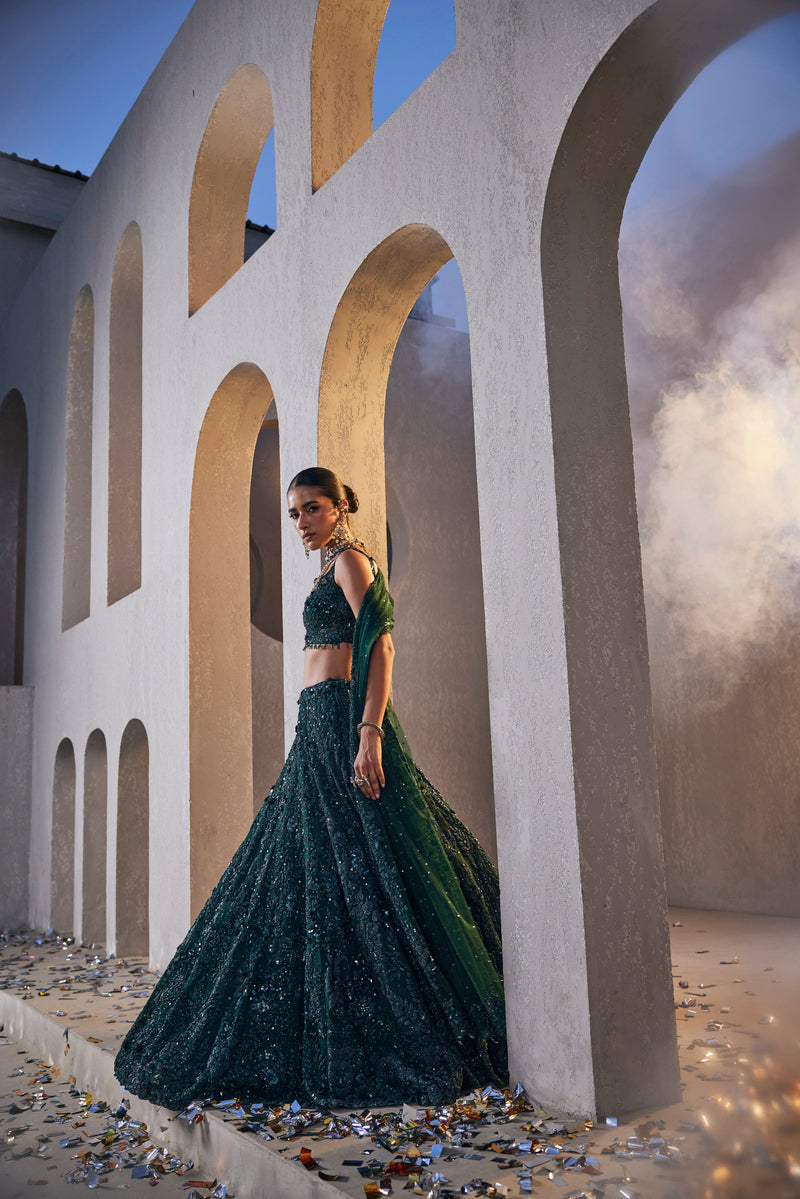 ELEGANT GREEN EMBROIDERY LEHENGA WITH STYLISH TOP AND DUPATTA