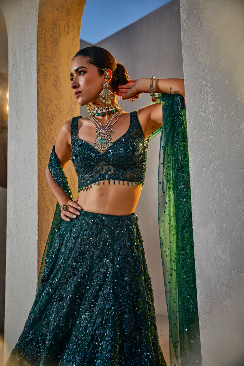 ELEGANT GREEN EMBROIDERY LEHENGA WITH STYLISH TOP AND DUPATTA