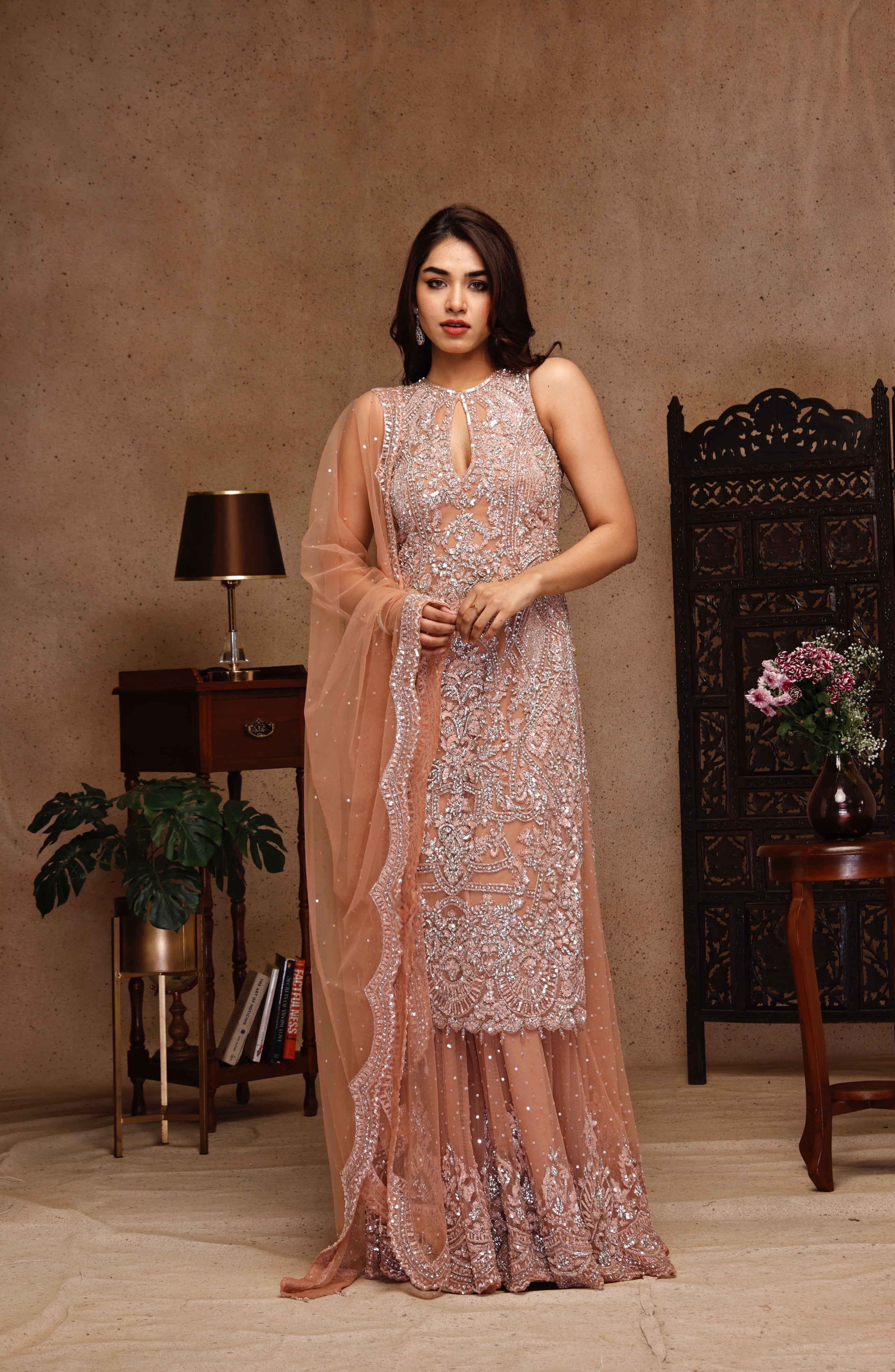 DARK PEACH EMBROIDERY SUIT AND SHARARA WITH DUPATTA