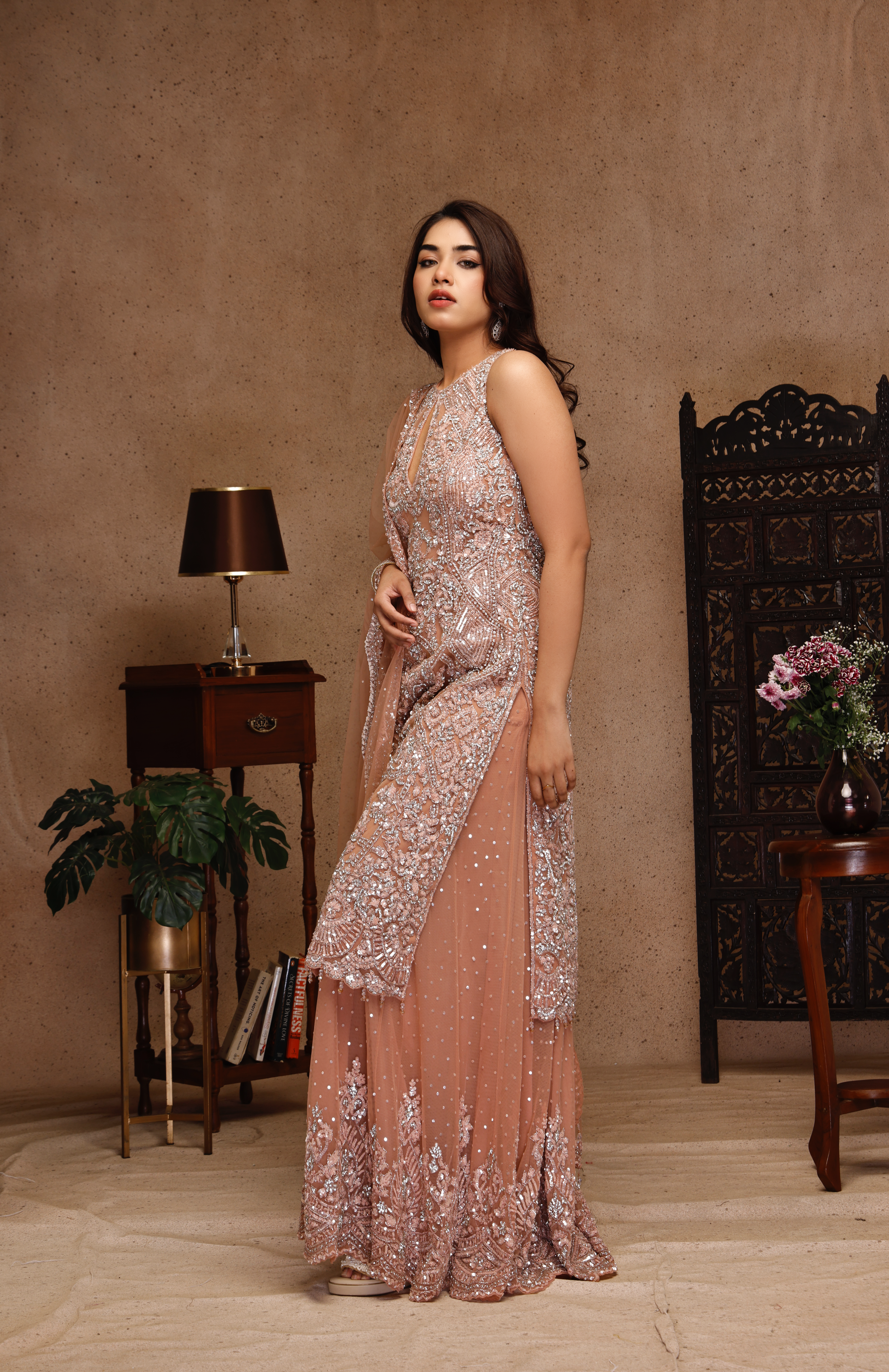 DARK PEACH EMBROIDERY SUIT AND SHARARA WITH DUPATTA