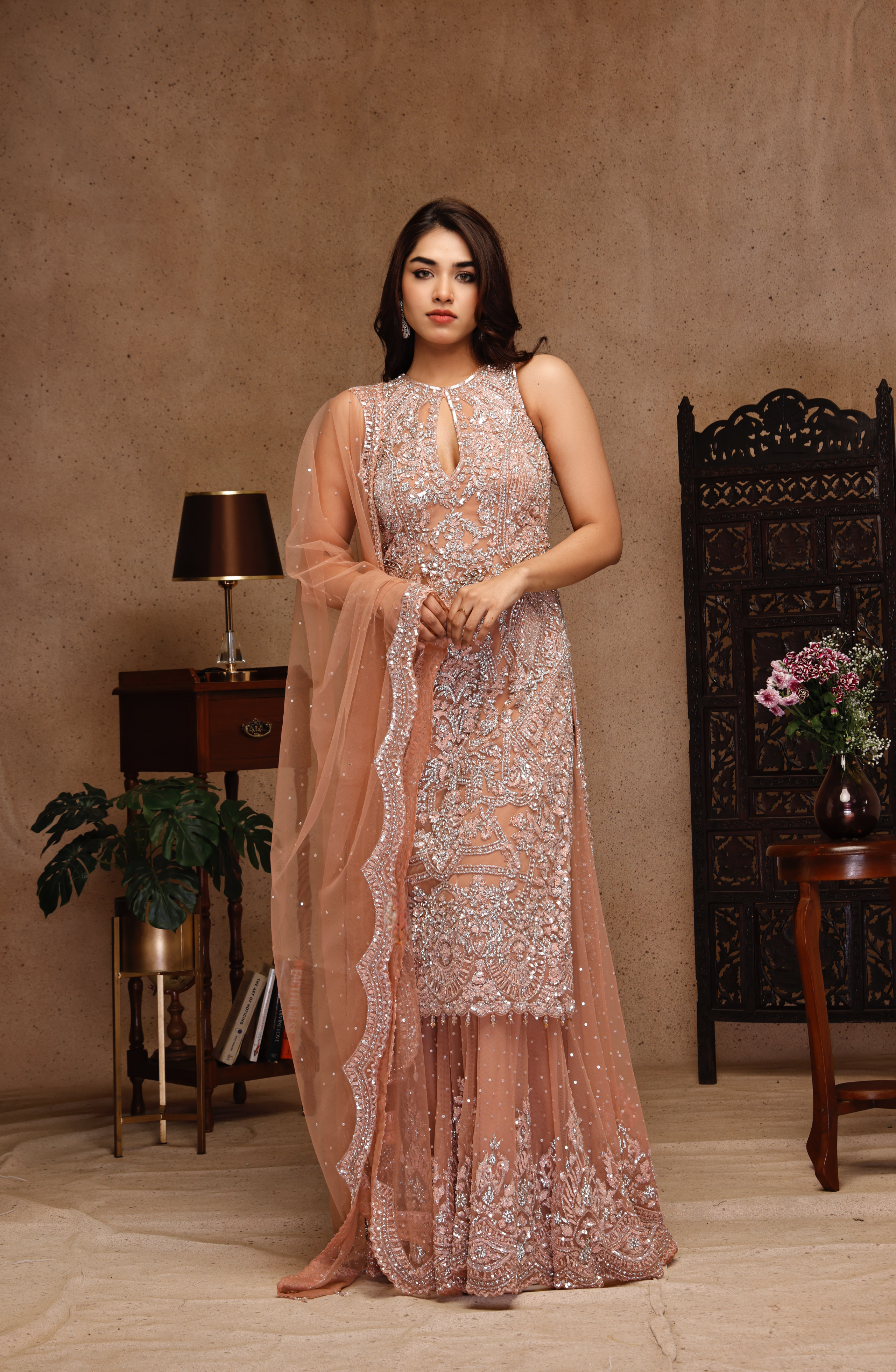 DARK PEACH EMBROIDERY SUIT AND SHARARA WITH DUPATTA