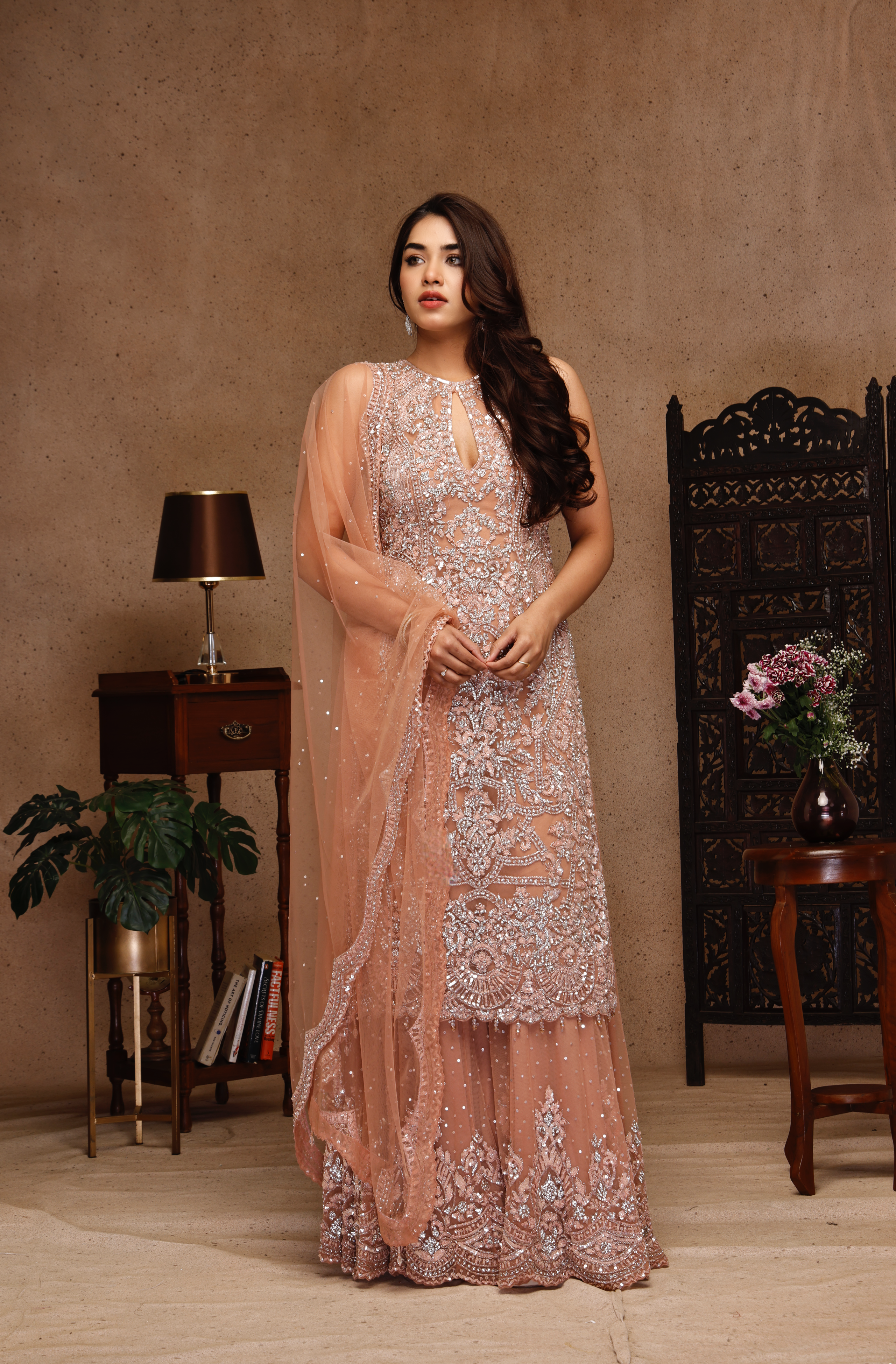 DARK PEACH EMBROIDERY SUIT AND SHARARA WITH DUPATTA