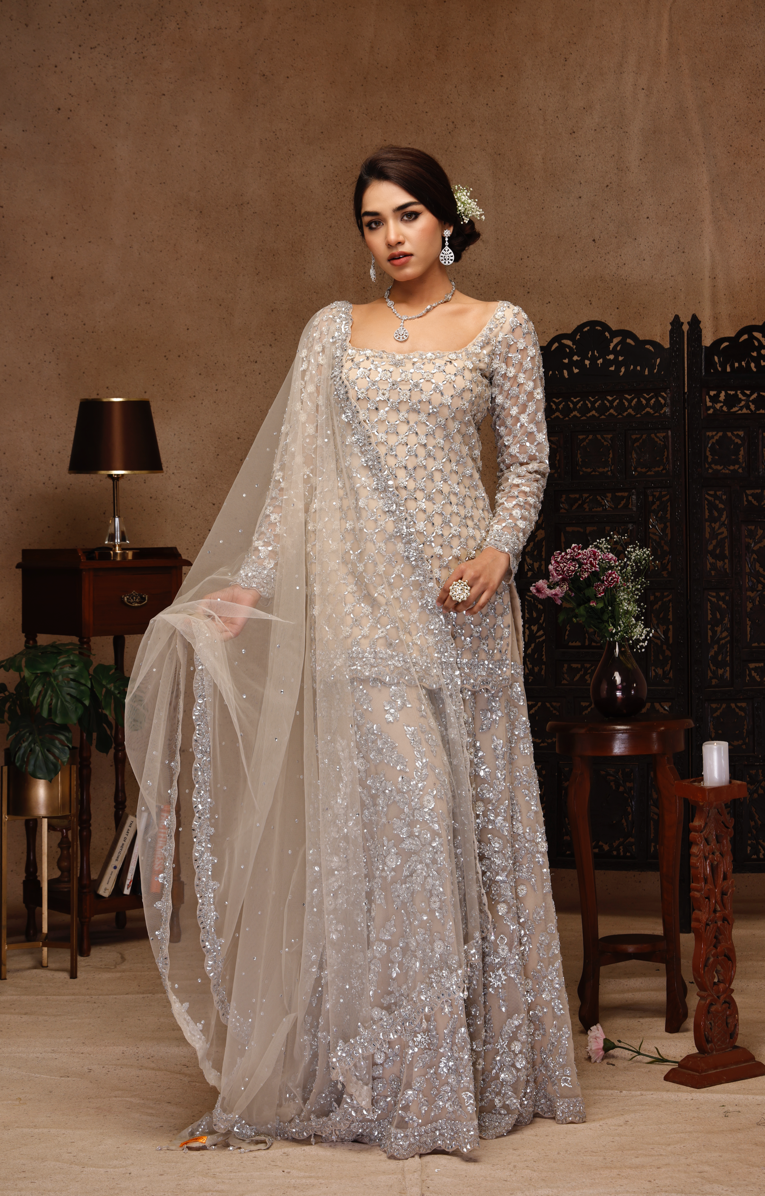 GREY EMBROIDERY SHIRT AND SHARARA WIT DUPATTA