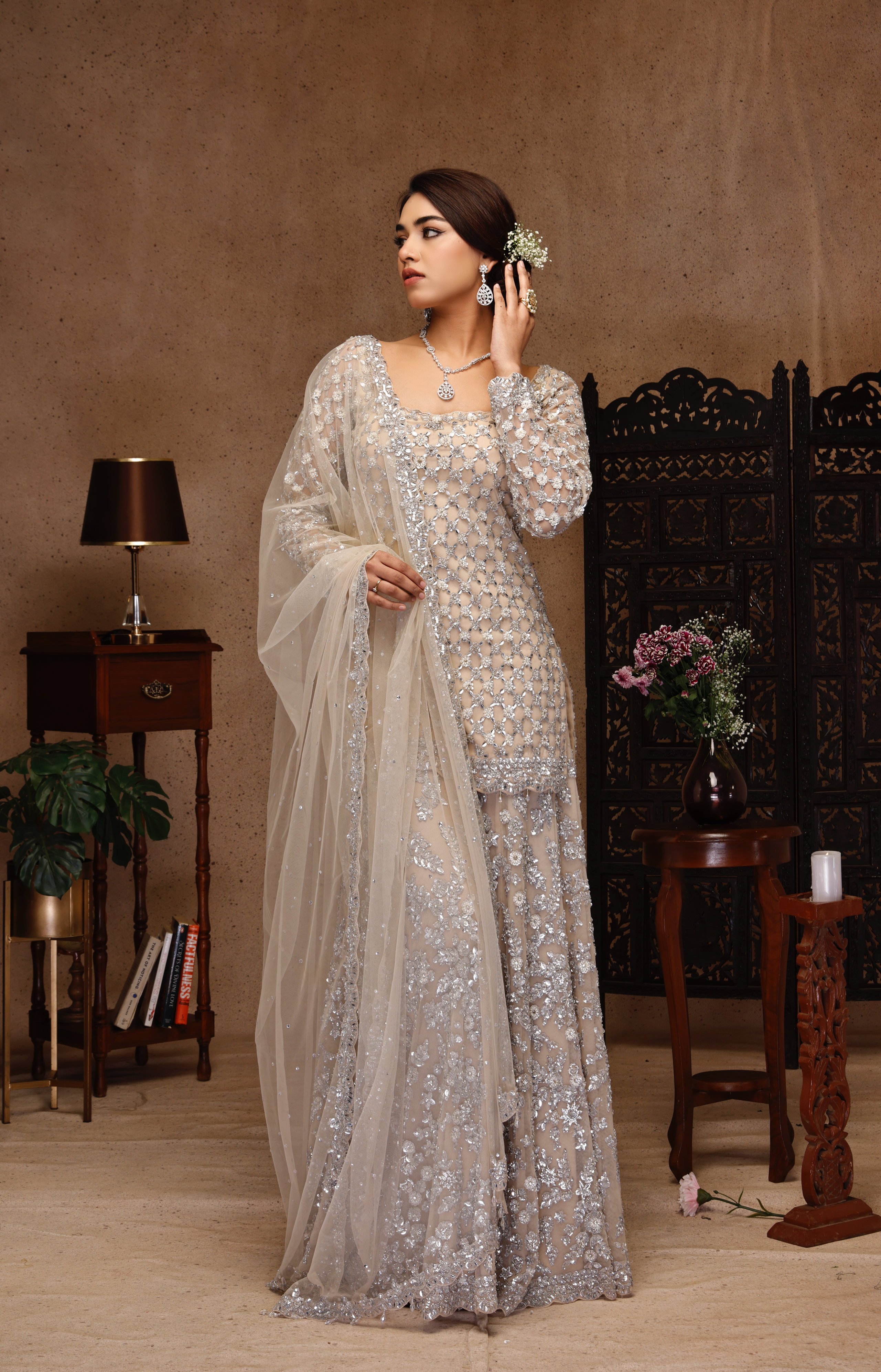 GREY EMBROIDERY SHIRT AND SHARARA WIT DUPATTA