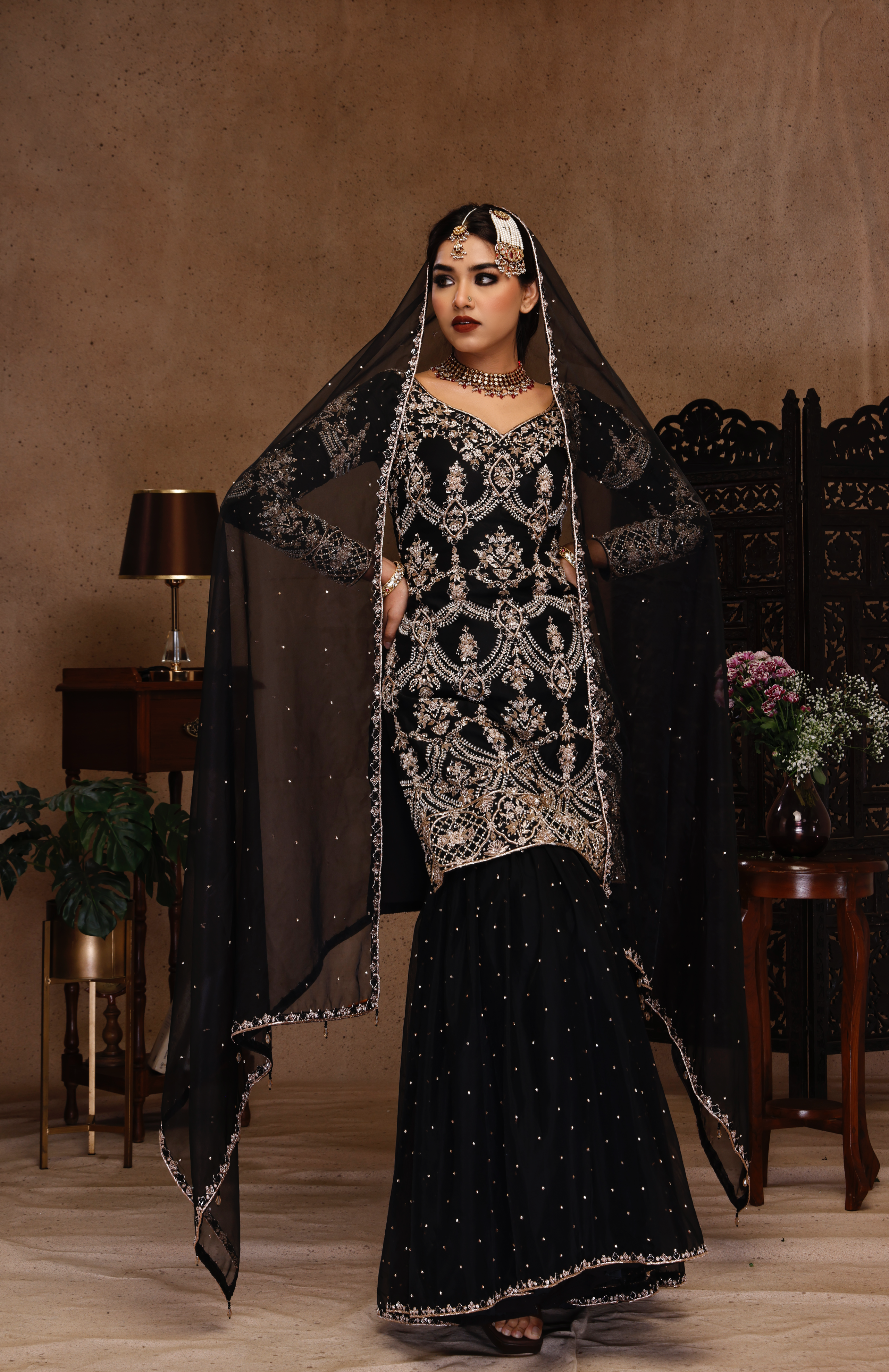 BLACK EMBROIDERY SHIRT AND SHARARA WIT DUPATTA