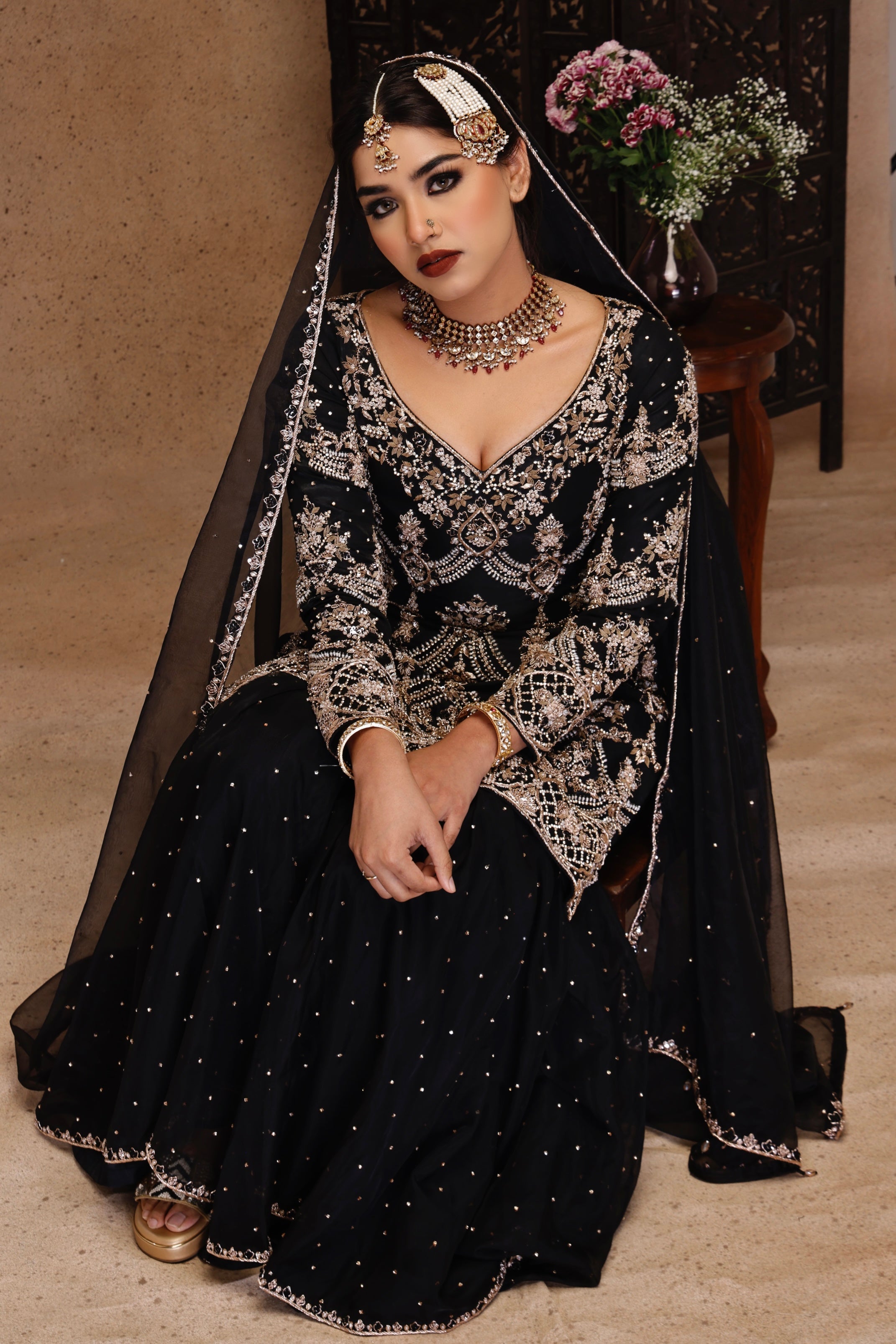 BLACK EMBROIDERY SHIRT AND SHARARA WITH DUPATTA