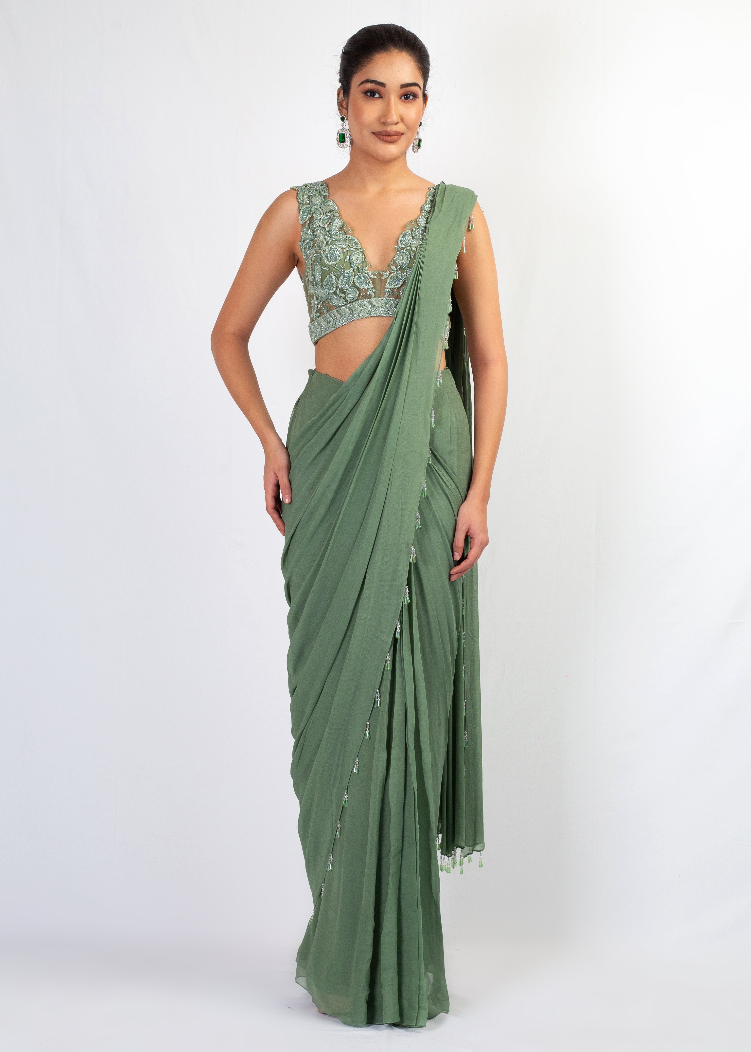 EMBROIDERED TOP WITH MINT GREEN DRAPE SAREE