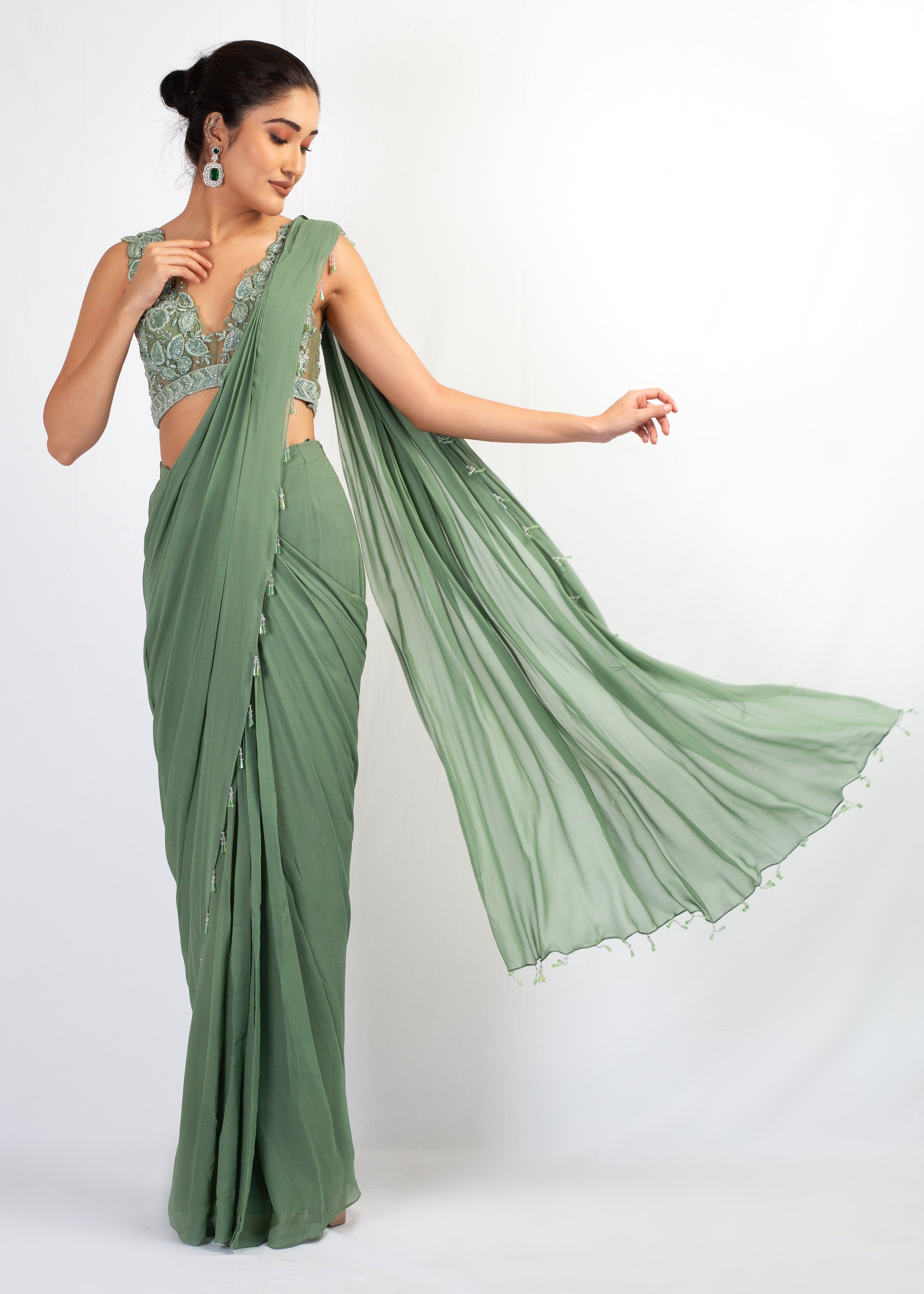 EMBROIDERED TOP WITH MINT GREEN DRAPE SAREE