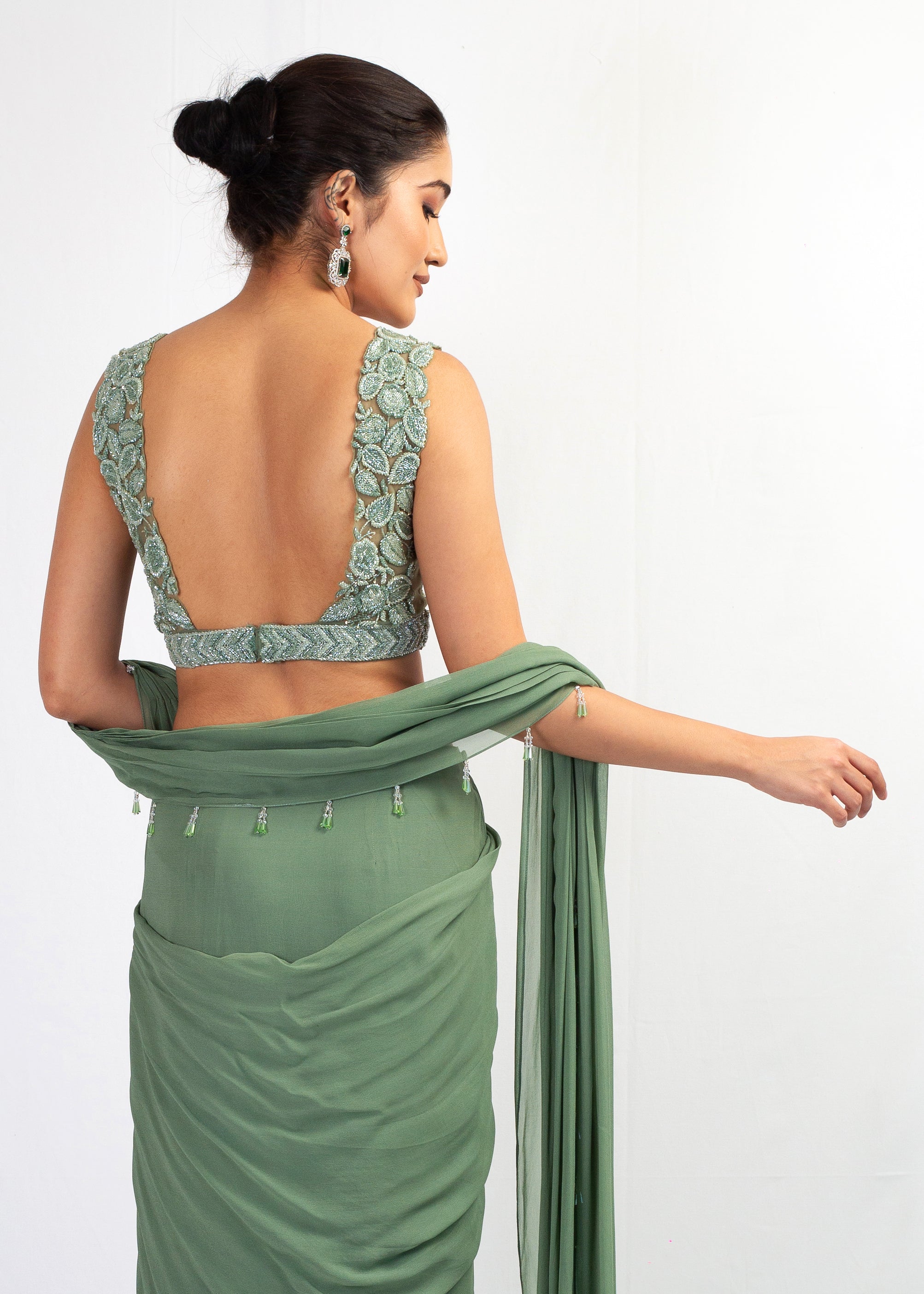 EMBROIDERED TOP WITH MINT GREEN DRAPE SAREE