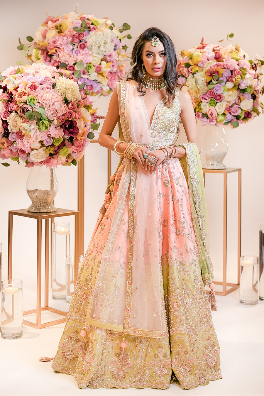 Peach to Mint embroidered panelled Lehenga and top with scarf