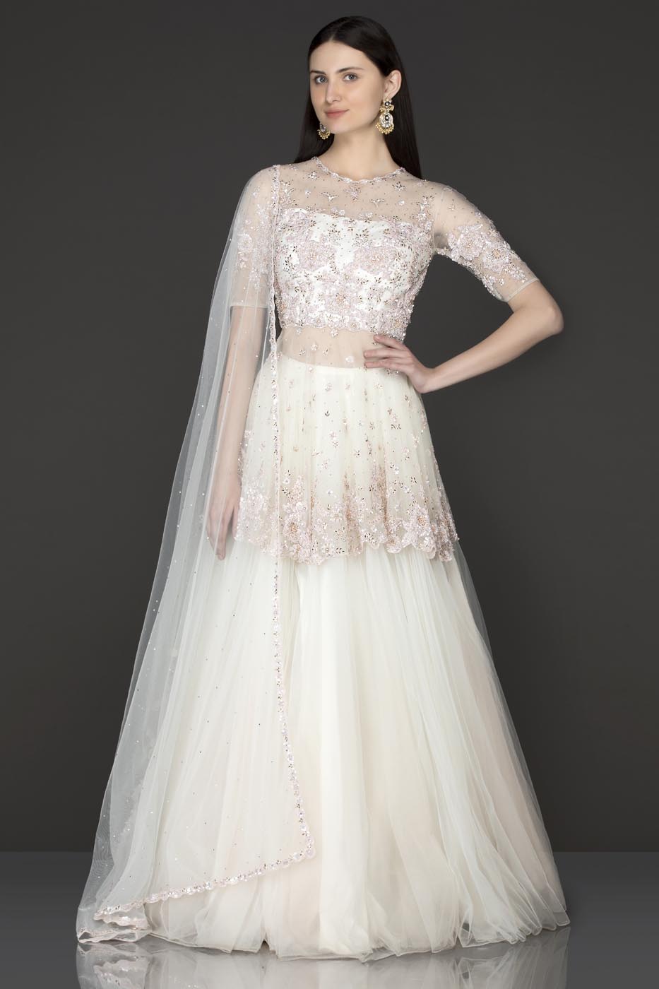 White Colour Net Peplum Top And Net Skirt With Pink Sequence Embroidery