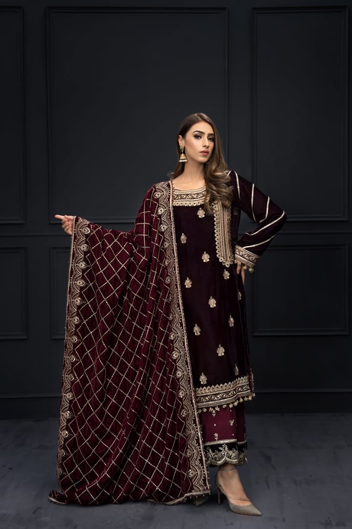 Mahroon velvet Kameez with Velvet Shawl