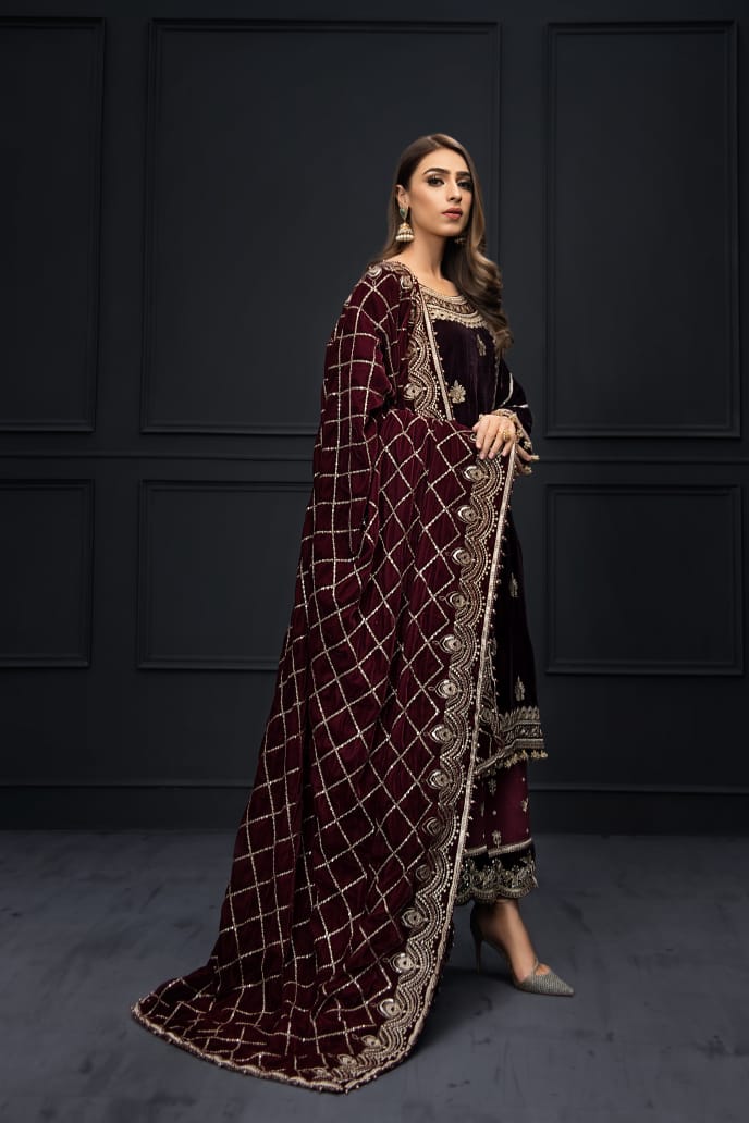 Mahroon velvet Kameez with Velvet Shawl