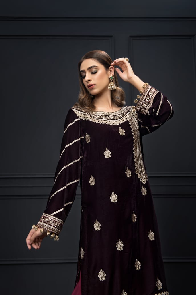 Mahroon velvet Kameez with Velvet Shawl
