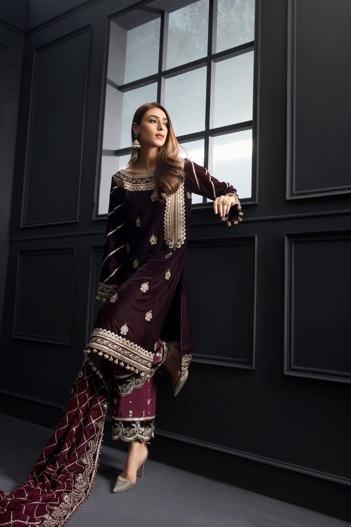 Mahroon velvet Kameez with Velvet Shawl