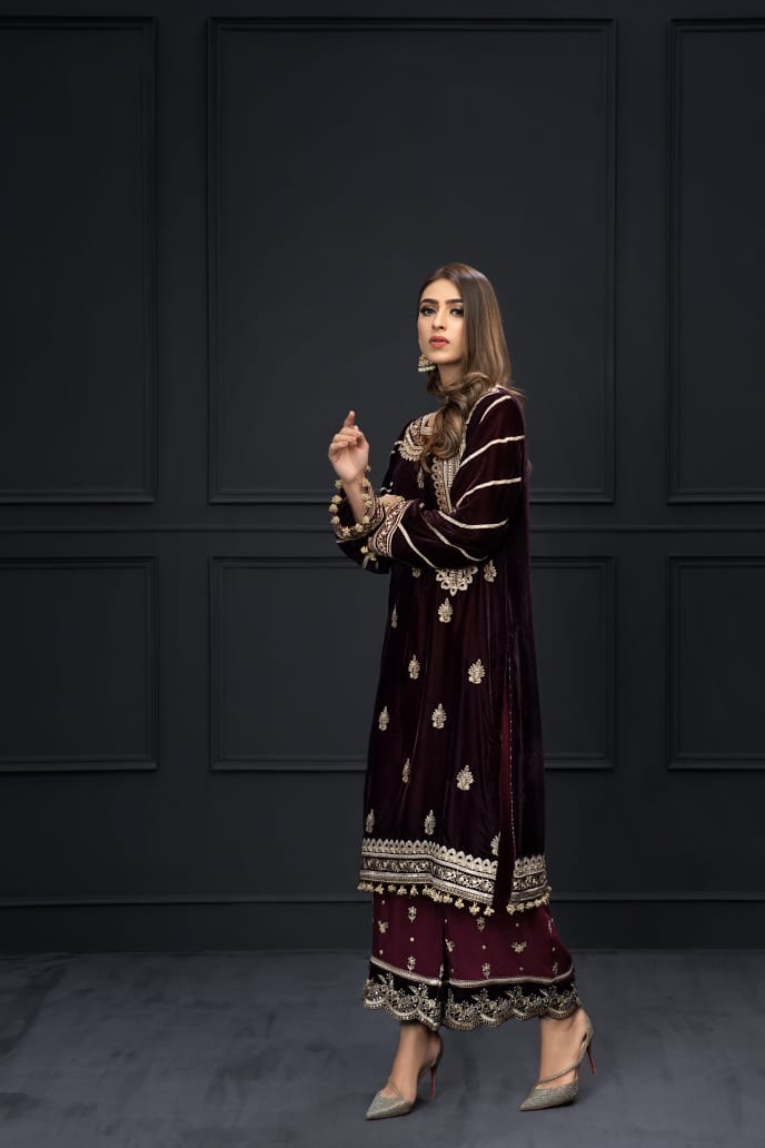 Mahroon velvet Kameez with Velvet Shawl