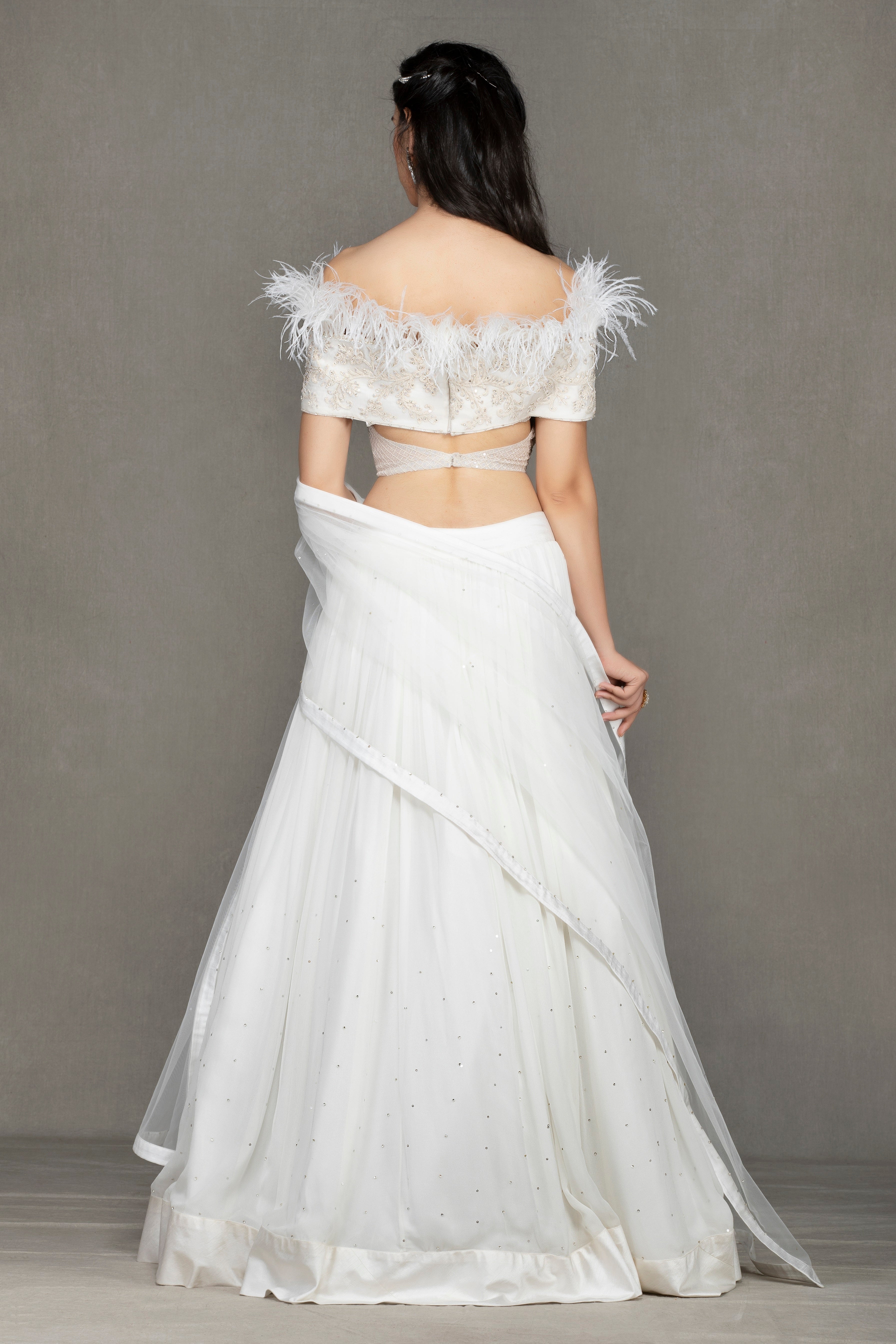 Off-Shoulder Orange Lehenga with Feathers