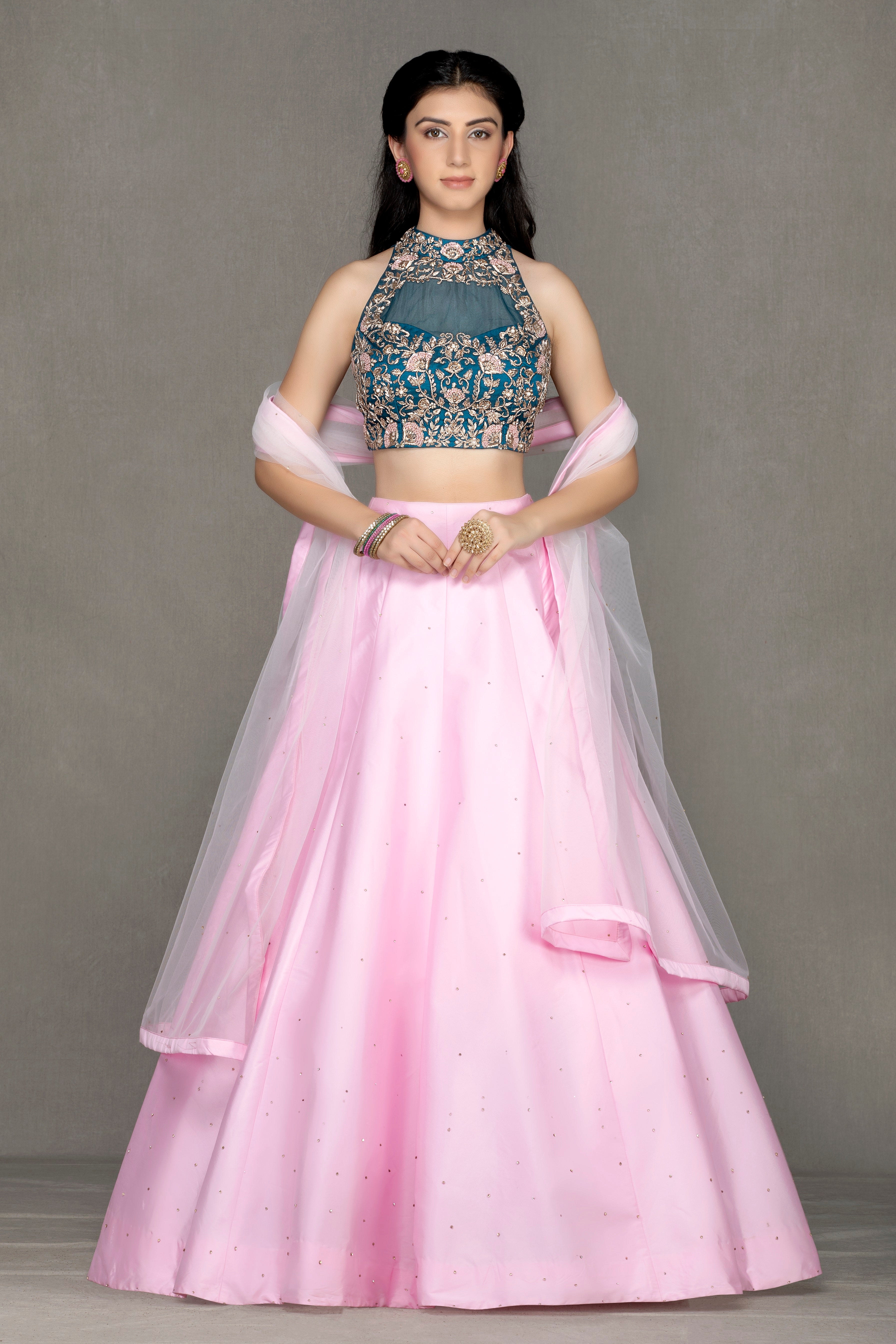 Turquoise embroidered top & pink skirt