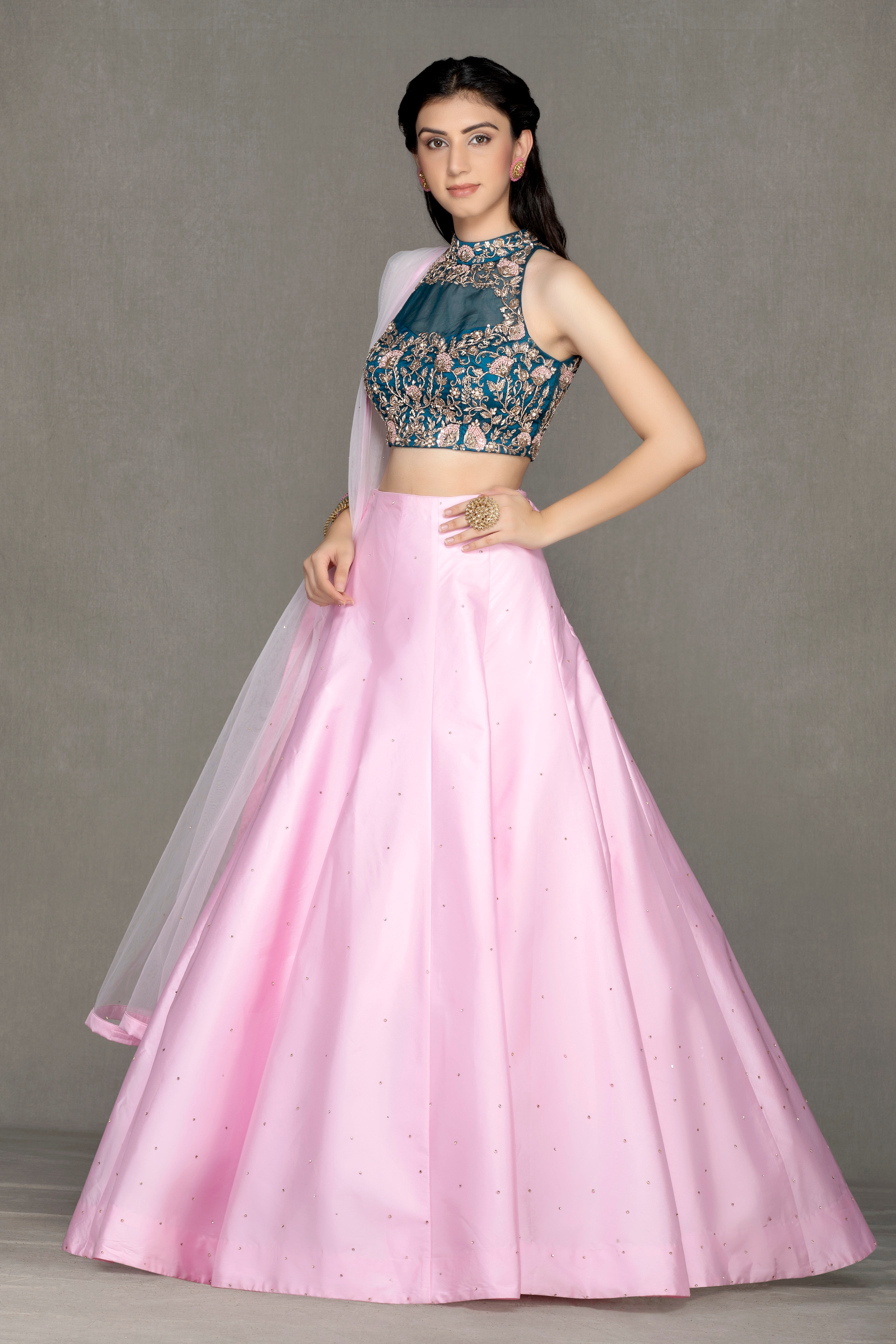 Turquoise embroidered top & pink skirt