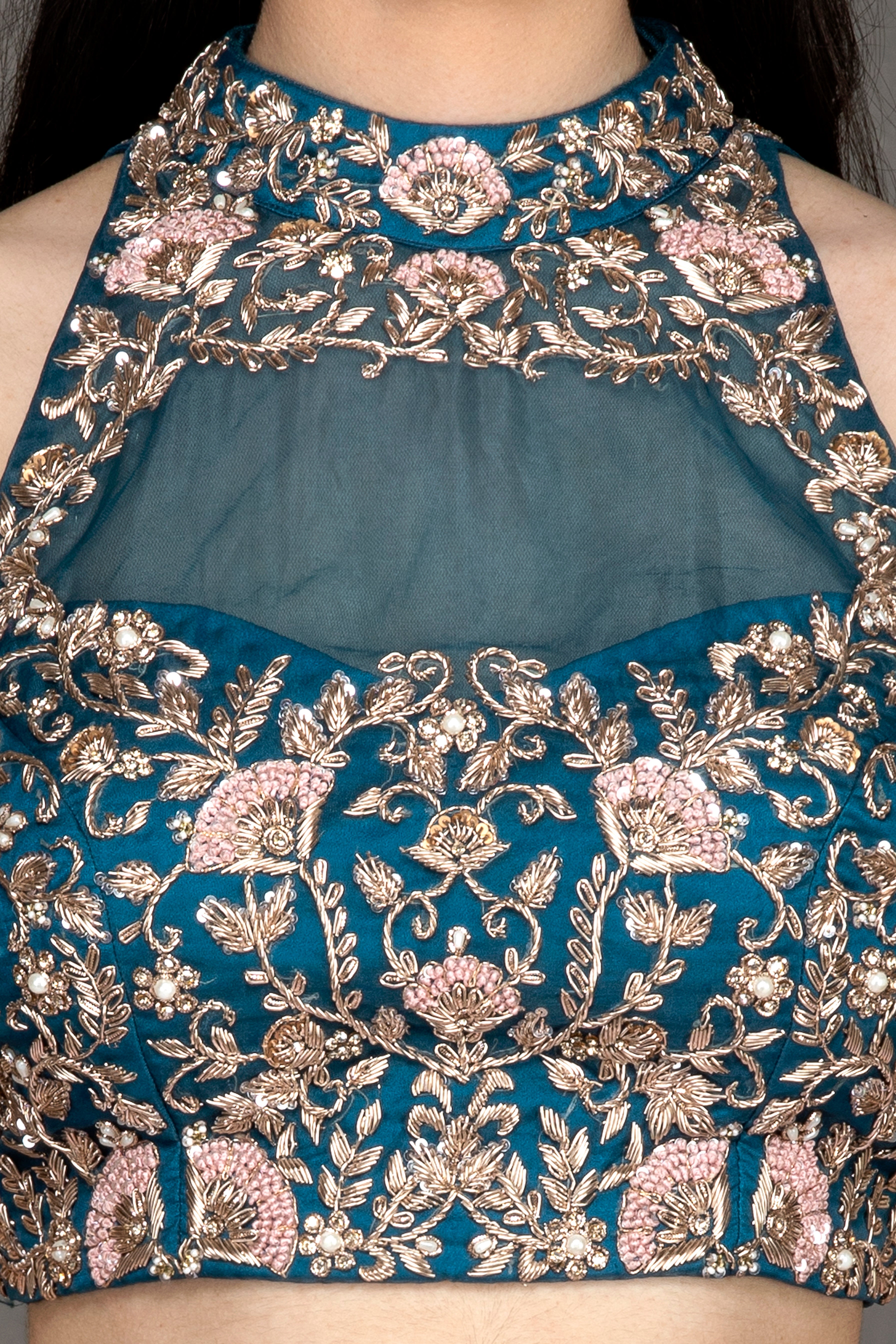 Turquoise embroidered top & pink skirt