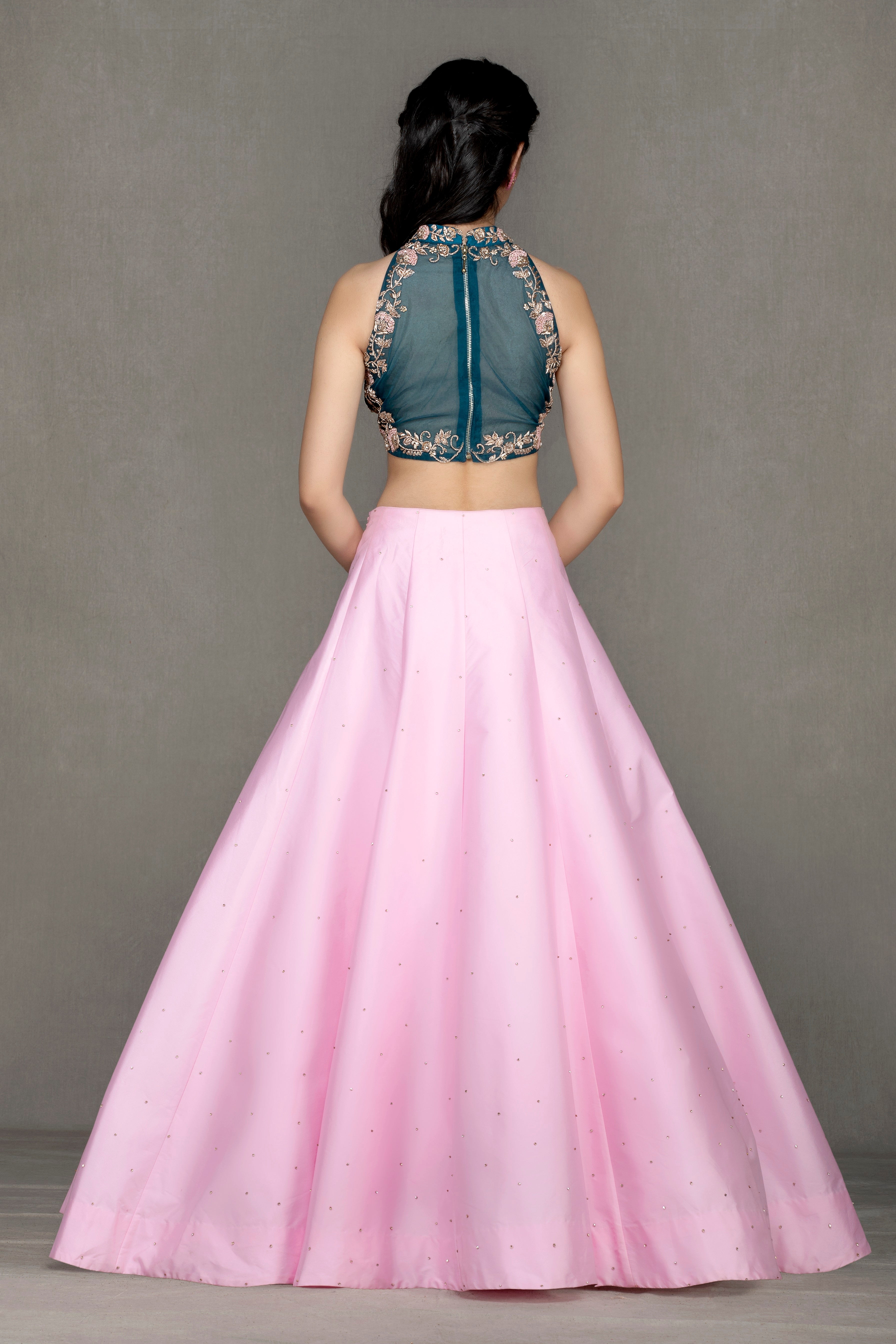 Turquoise embroidered top & pink skirt