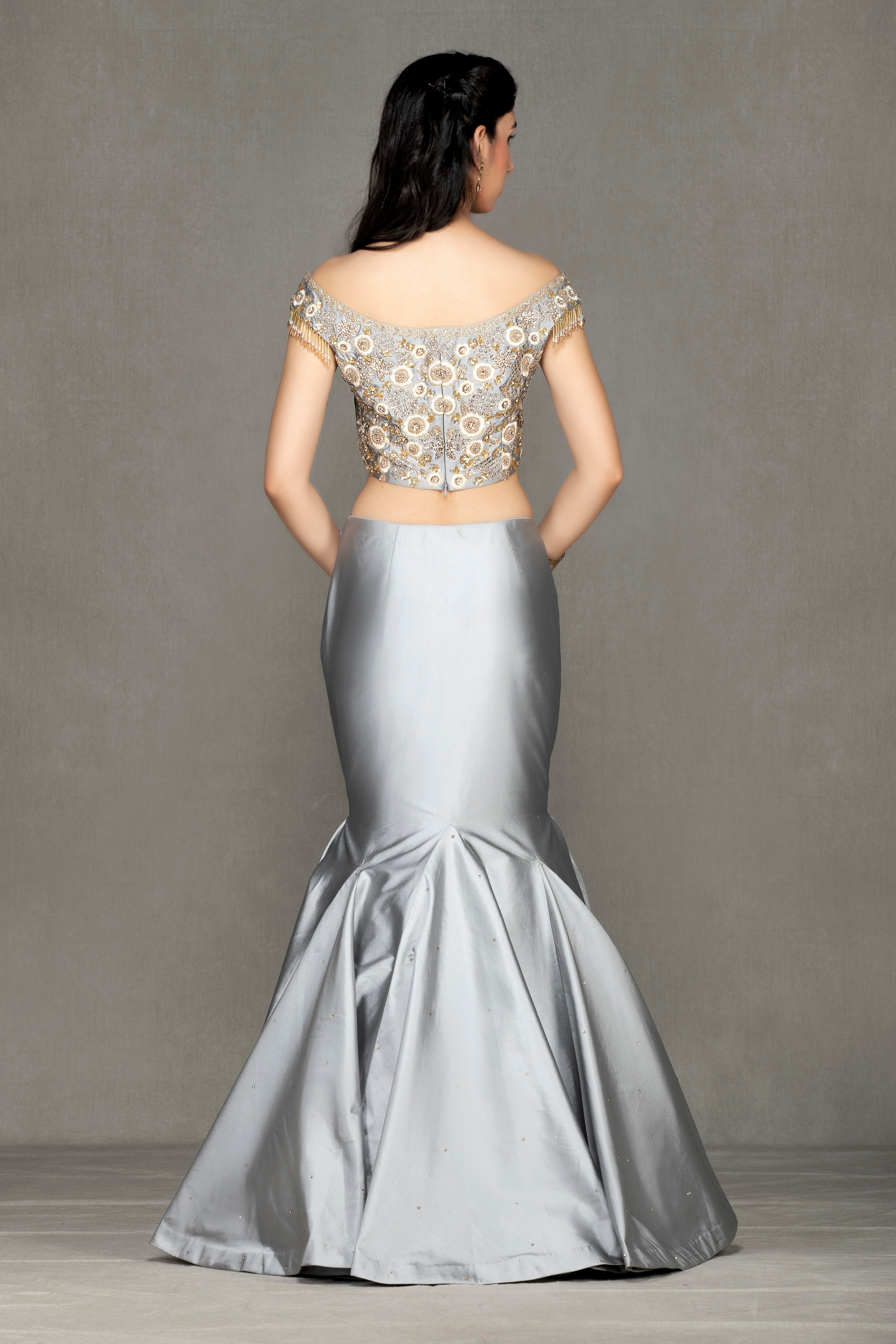 Fish Cut off-shoulder Taffeta Lehenga
