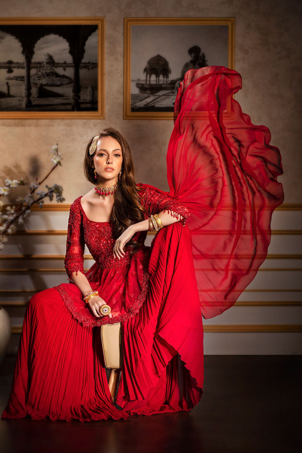 Red Tone to Tone Embroidered Peplum/Sharara
