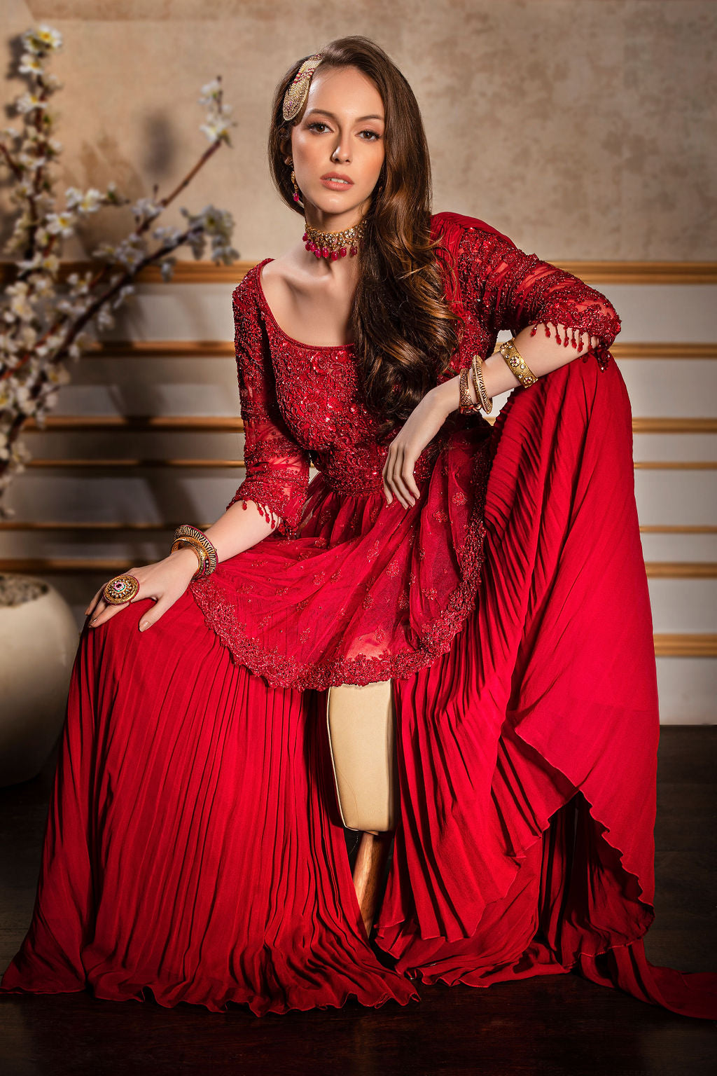 Red Tone to Tone Embroidered Peplum/Sharara