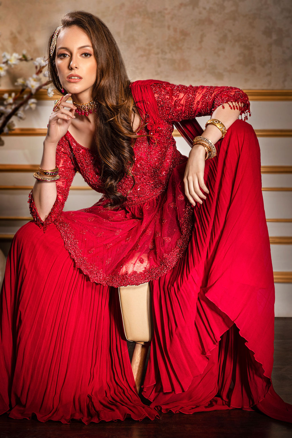 Red Tone to Tone Embroidered Peplum/Sharara