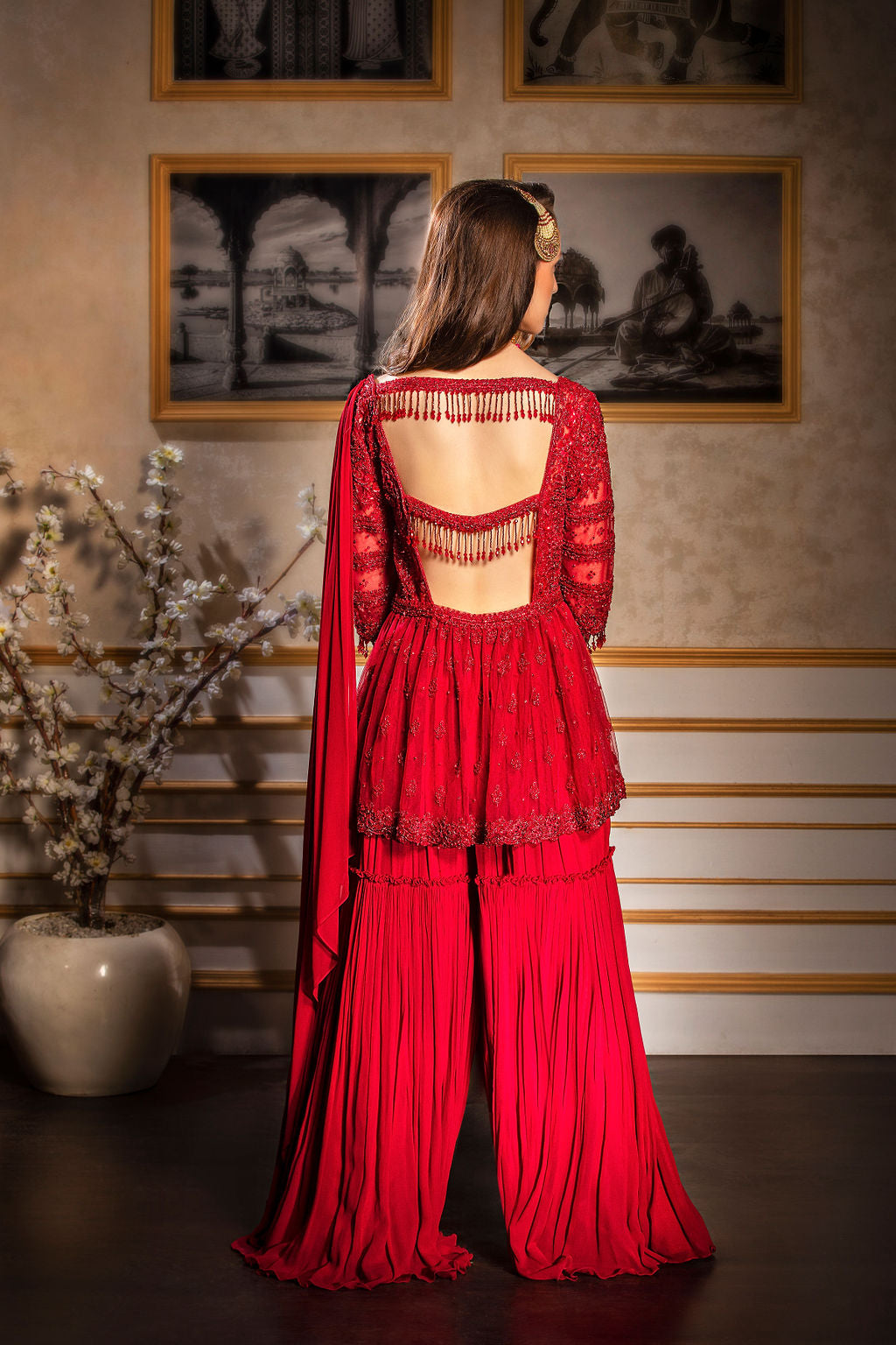 Red Tone to Tone Embroidered Peplum/Sharara