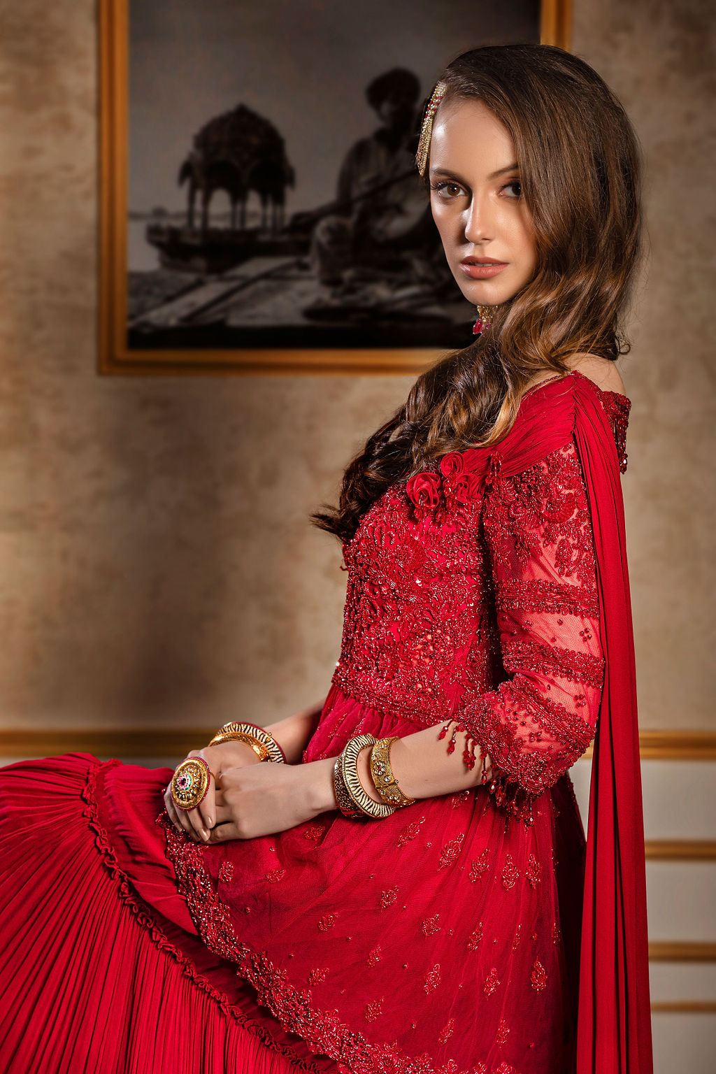 Red Tone to Tone Embroidered Peplum/Sharara