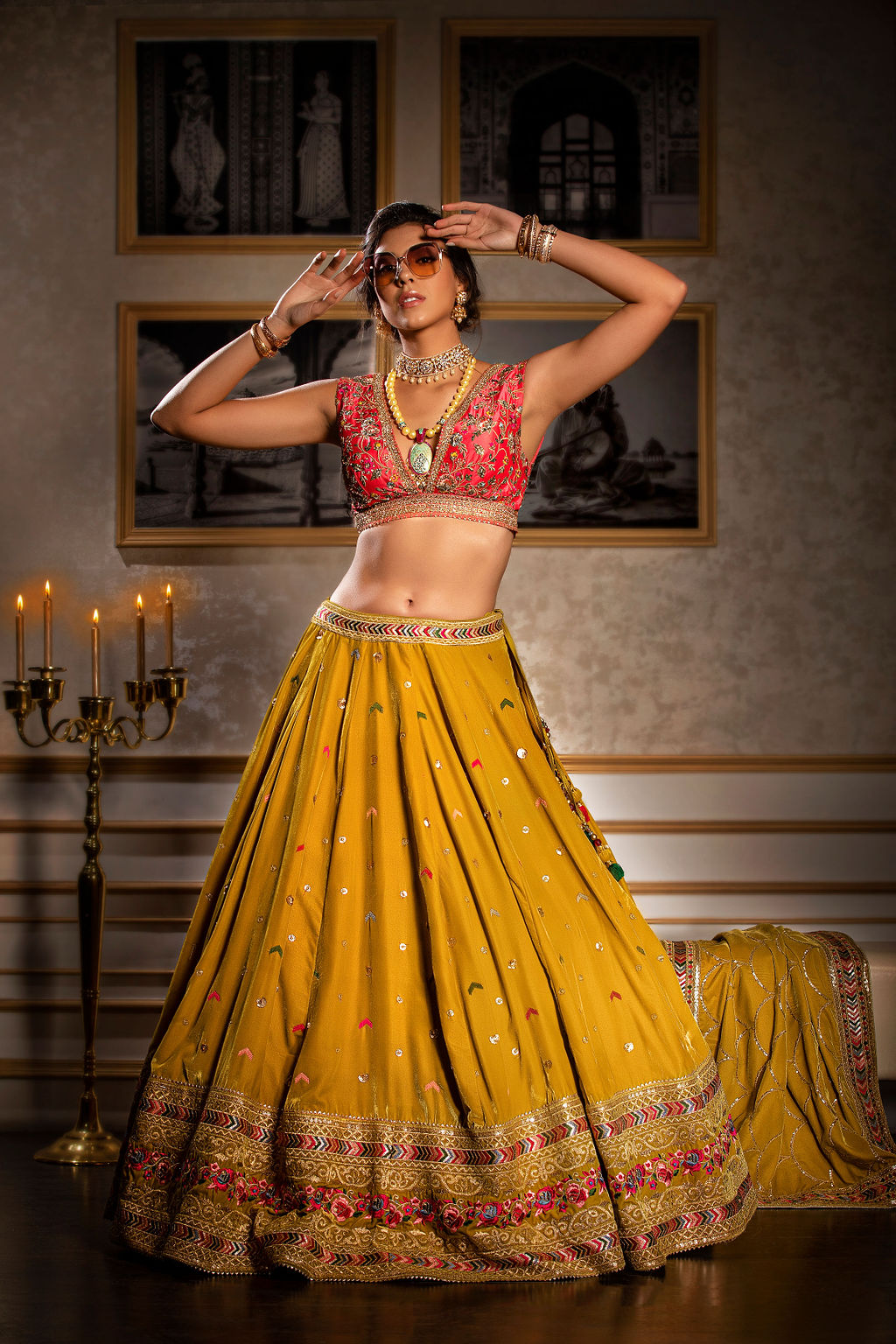Stylish Embroidered top with constrast skirt and velvet scarf