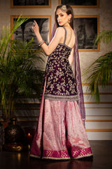 Velvet Embroidered Kameez with contrast Sharara and scarf