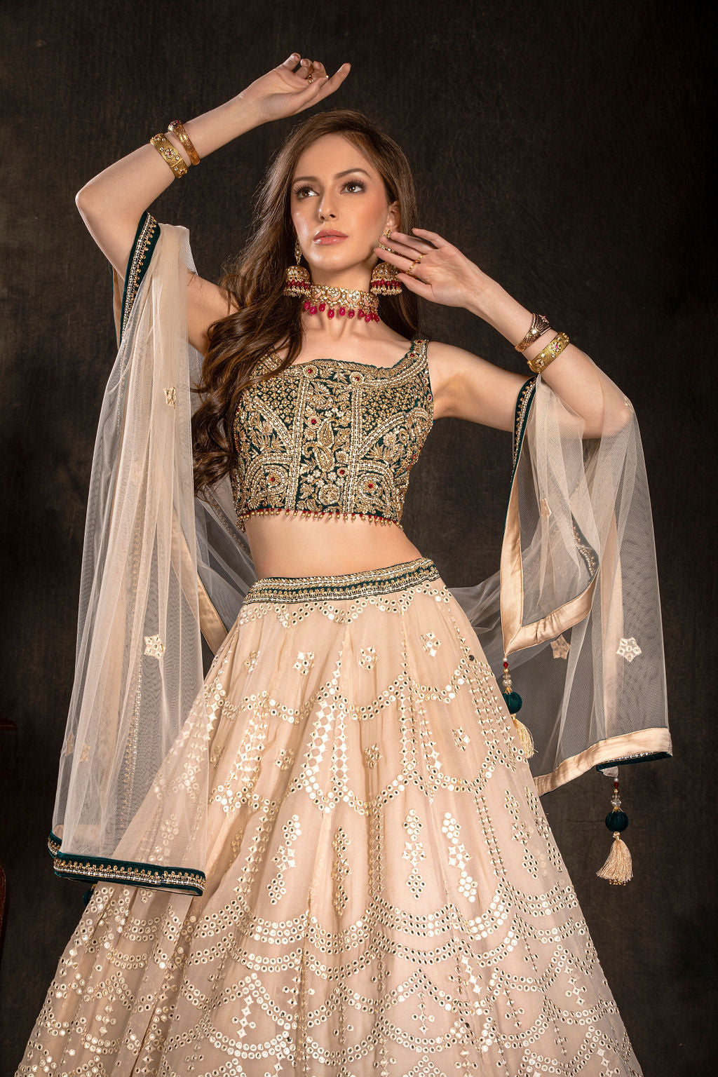 Velvet Embroidered top with mirror work skirt