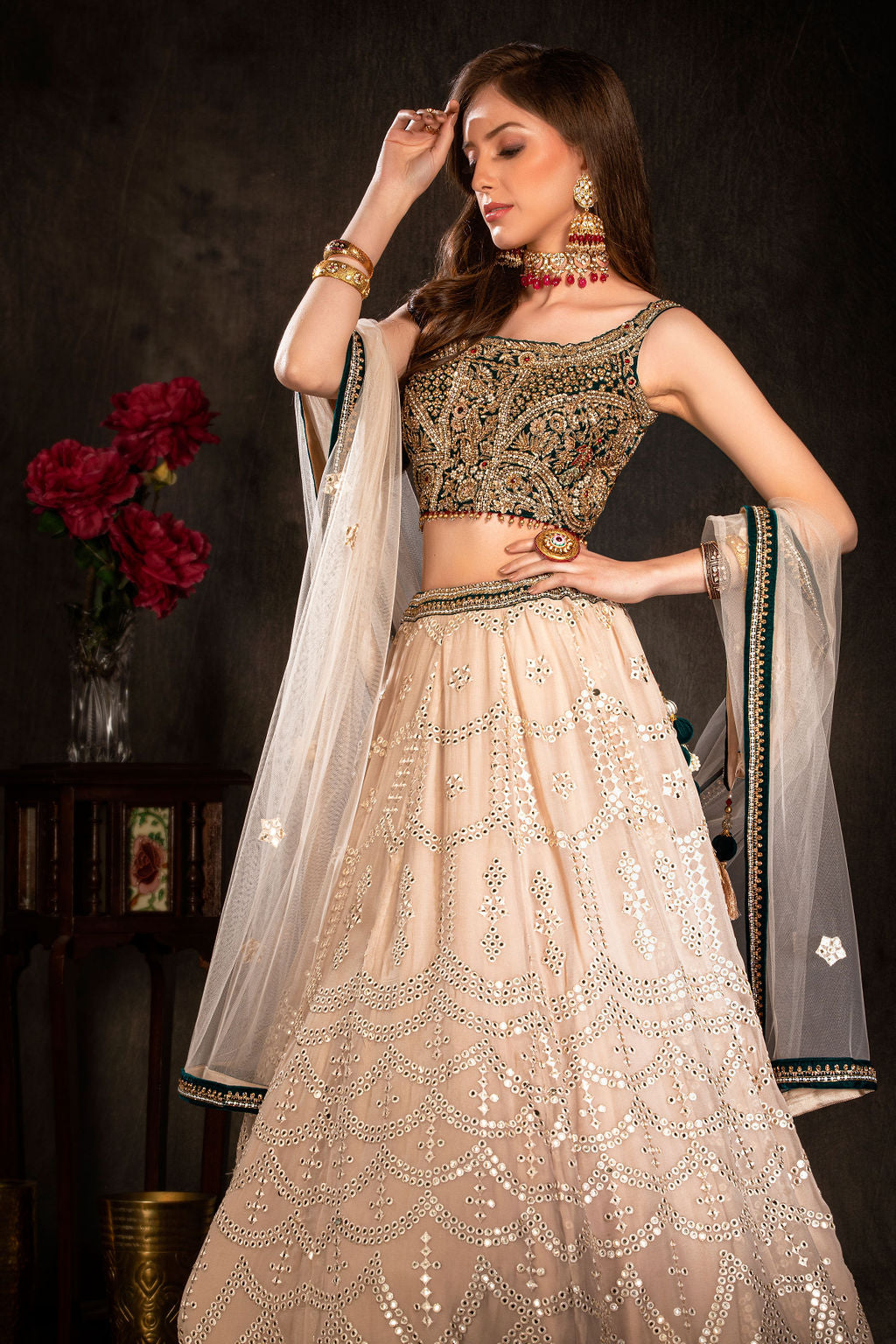 Velvet Embroidered top with mirror work skirt